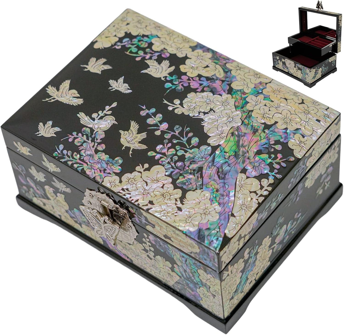 February Mountain Mother-of-Pearl Jewelry Box â€“ Handcrafted Bird & Floral Design, Two-Tier Organizer with Mirror, Black Lacquer Finish, Red Velvet Interior â€“ Christmas Gift for Women