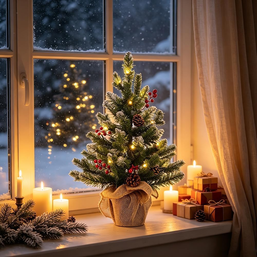 MEETYAMOR 2 FT Mini Christmas Tree, 24" PE Prelit Small Artificial Tabletop Snow Flocked Christmas Trees Decor with 20 Lights Timer, Outdoor Indoor Porch Table Centerpieces Xmas Christmas Decorations