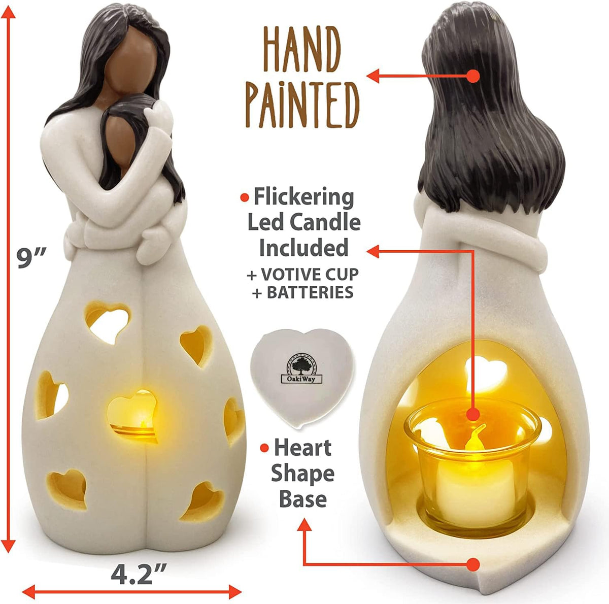 OakiWay Mother-Daughter Love Candle Holder Statue with Flickering LED Candle | Hand-Painted (Dark) - Unique Gifts for Mother's Day, Christmas, Birthday | Greeting Card Included