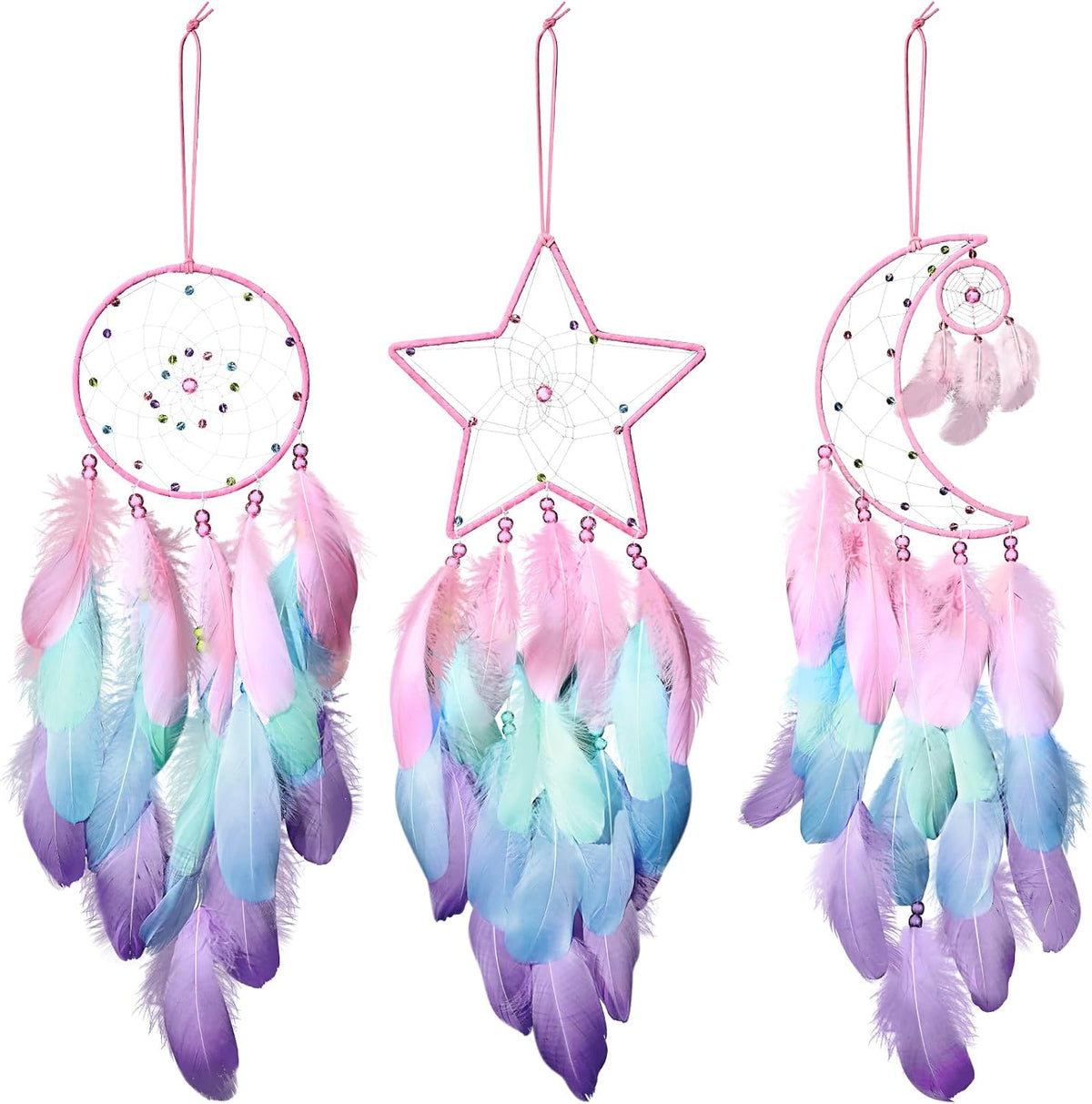 Jetec 3 Pcs Dream Catcher for Girl Star Sun Moon Decor, Macaron Color