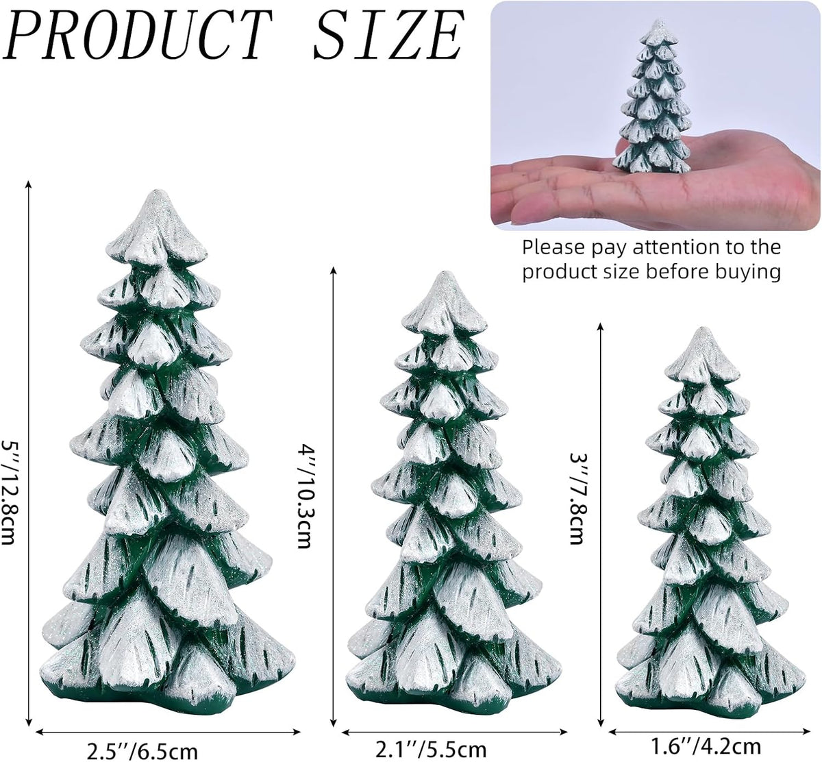 Resin Christmas Tree Figurines, 3pcs Snow-Dusted Tabletop Christmas Trees for Winter Decor, Rustic Christmas Table Decor, Holiday Table Centerpieces for Home, Shelf, Mantel (white-green)