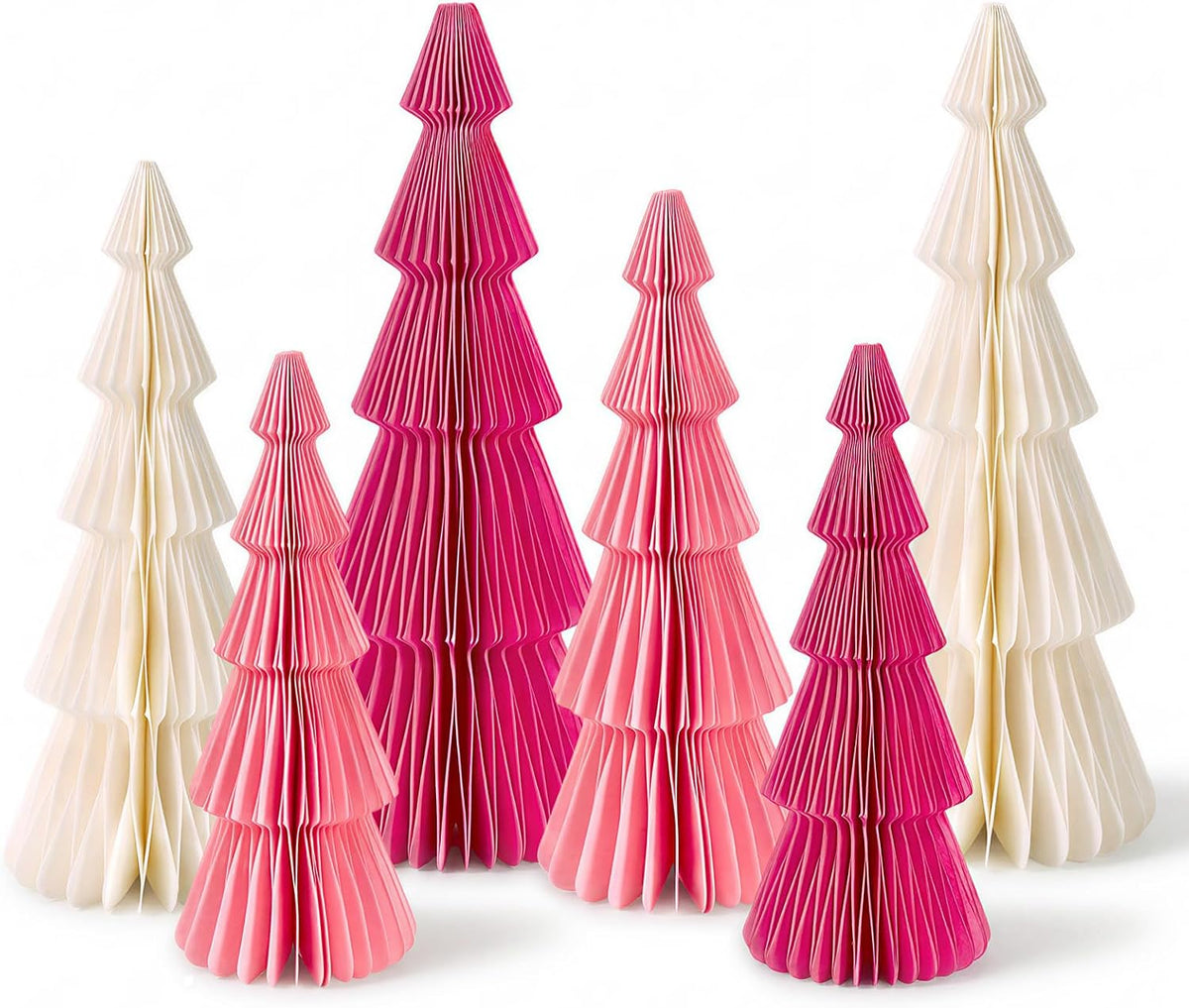SUNBEAUTY Pink Honeycomb Paper Christmas Trees, 6pcs Foldable Honeycomb Trees, Christmas 3D Paper Tree Table Centerpieces for Home Indoor Modern Xmas Tabletop Holiday Decor