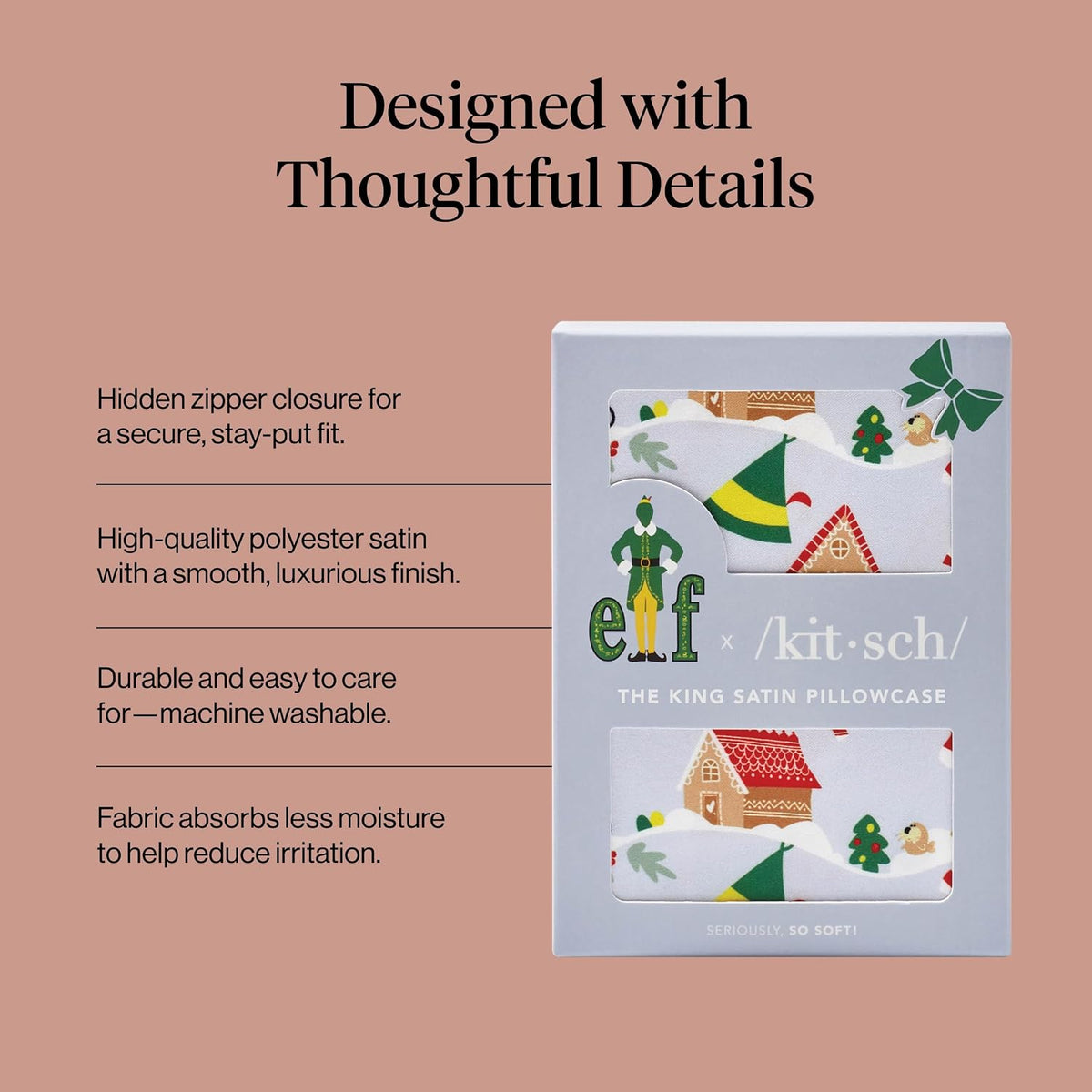Kitsch x Elf Periwinkle Christmas Satin Pillowcase - King Size 19x36