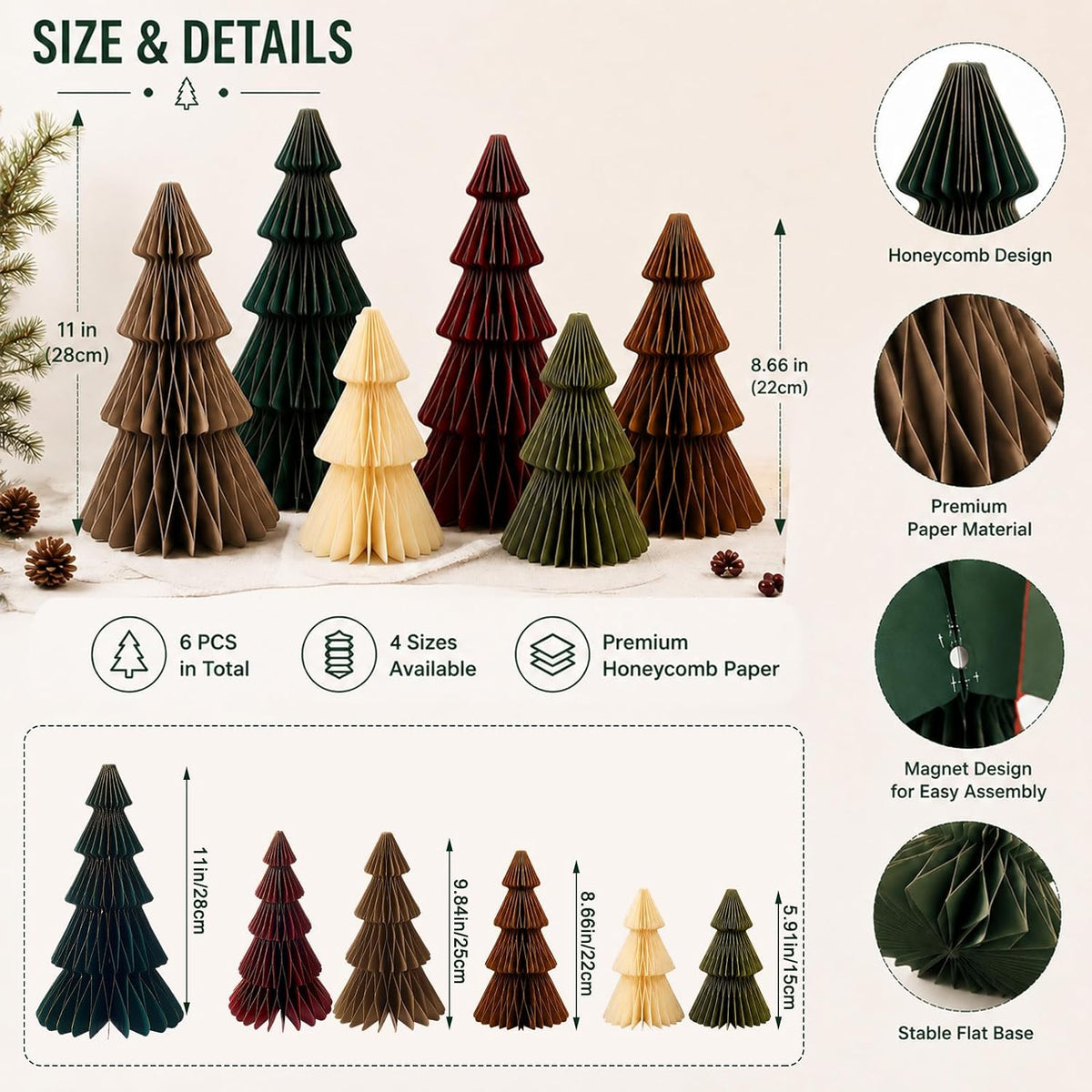 Cinnvoice 6 Pcs Modern Paper Christmas Tree Honeycomb Table Centerpiece