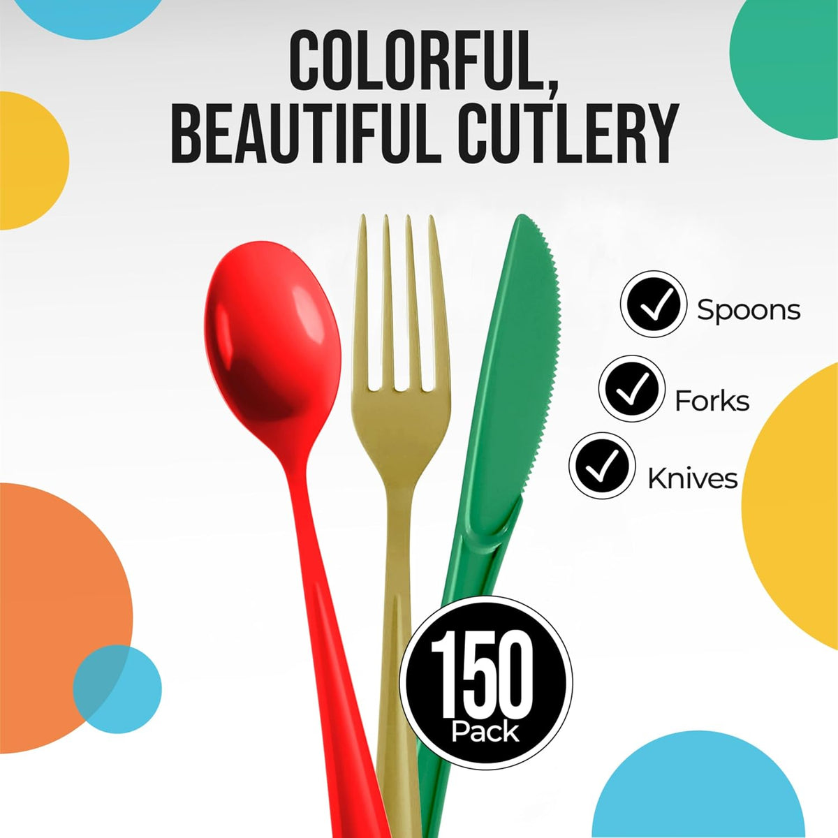 Party Solids Christmas Plastic Silverware Heavy Duty 150 Pieces Christmas Plastic Cutlery Sets Utensil Sets 50 of Each Forks Knives & Spoons Disposable Cutlery Set Flatware Set for Party Supplies