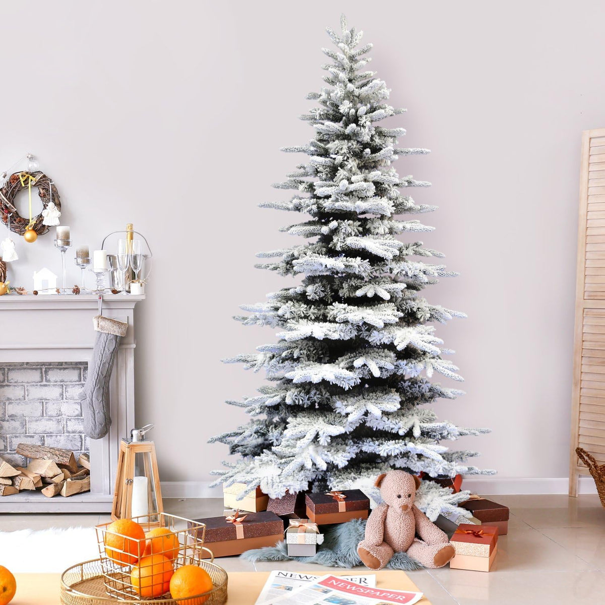 Fraser Hill Farm 9-Ft. Pine Valley Flocked Christmas Tree, Snowy Xmas Tree with DIY Potential with No Attached Lights, Artificial Christmas Tree with Metal Base, Easy to Set up
