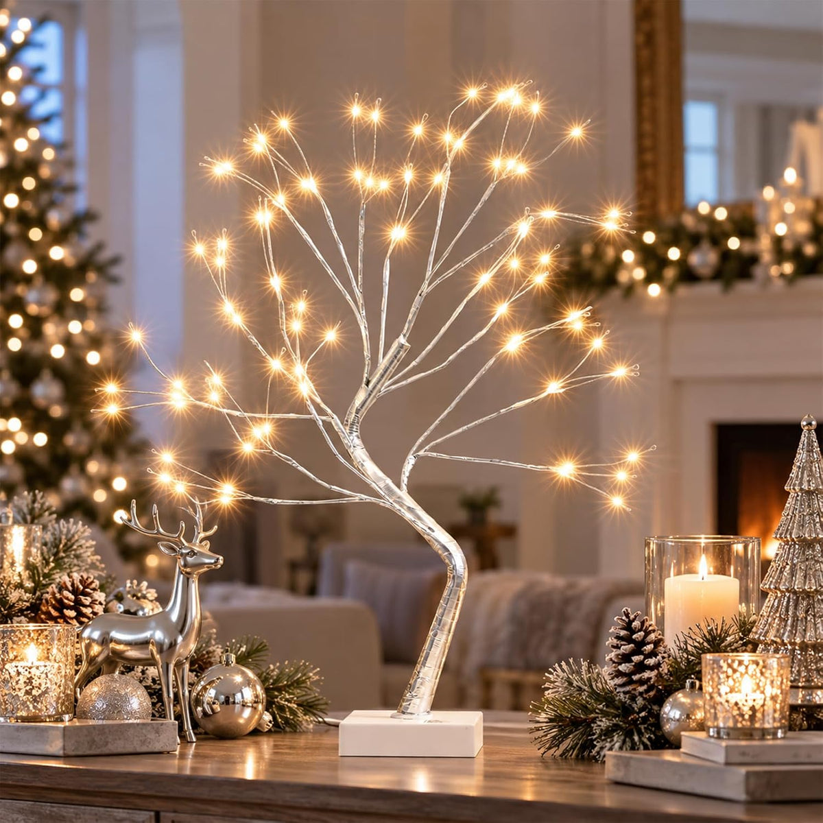 EAMBRITE Fairy Light Spirit Tree, 108 Led Lighted Birch Tree, 8 Modes Lighted Trees for Decoration Inside, USB & Battery Christmas Tree for Home Bedroom Desktop Indoor Xmas Decorations (Silver)