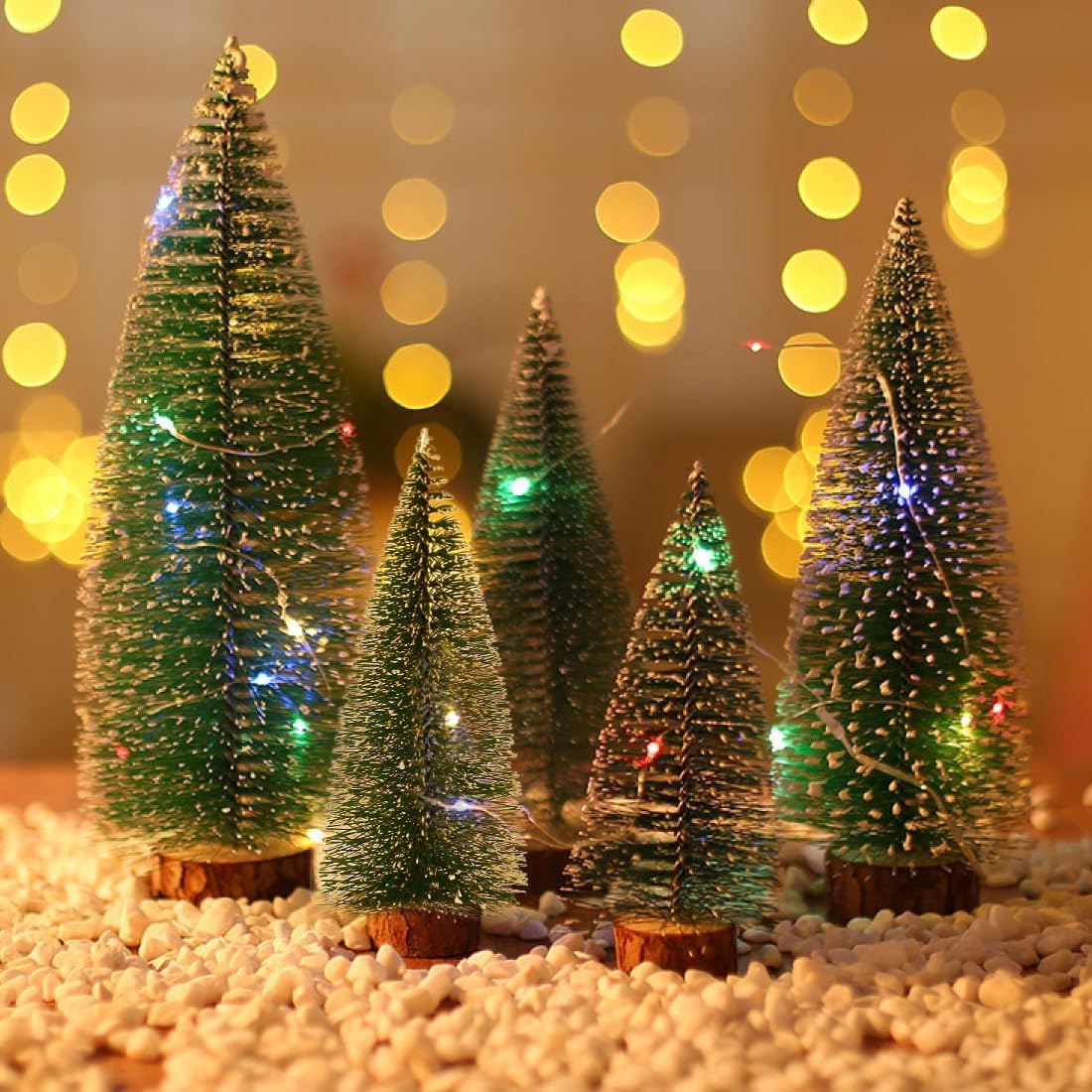 6 Pcs Small Christmas Trees Bottle Brush Christmas Trees Christmas Decorations, Small Christmas Pine Tree with Wooden Base for Christmas Table Decorations (4 Size)