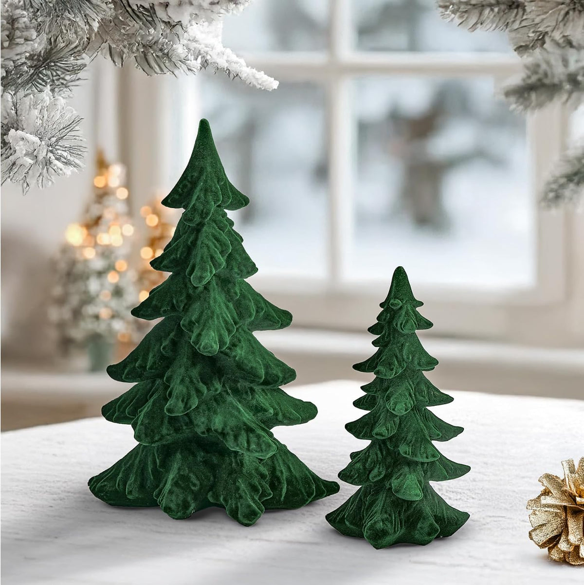 DN DECONATION Flocked Christmas Tree Figurines, Green Velvet Xmas Trees