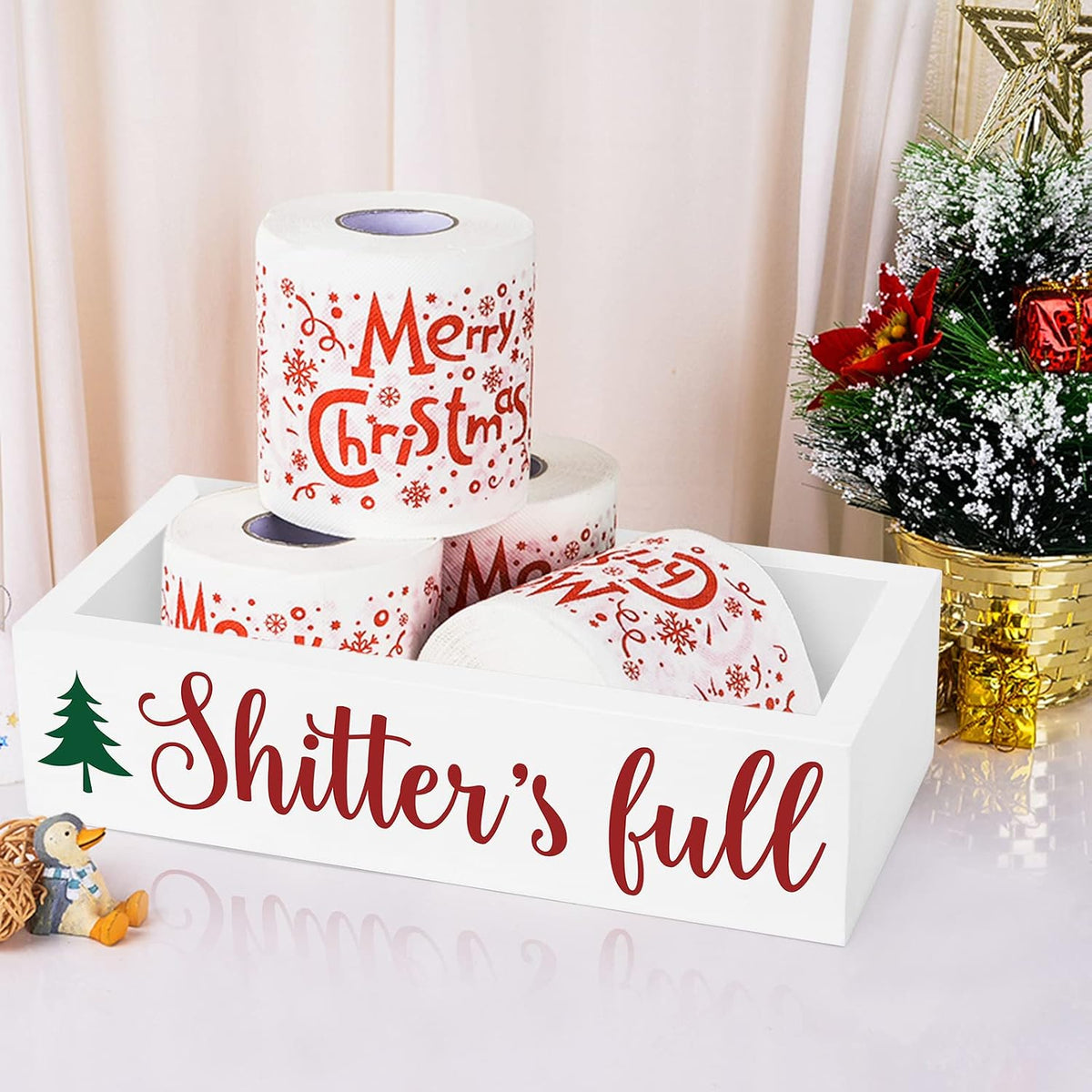 Xylolfsty Christmas Bathroom Wooden Storage Box Funny Holiday Toilet Paper Holder with Xmas Tree Camping Farmhouse Tank Basket Decor Winter Guest Bathroom Xmas Clark Gift Ideas-White