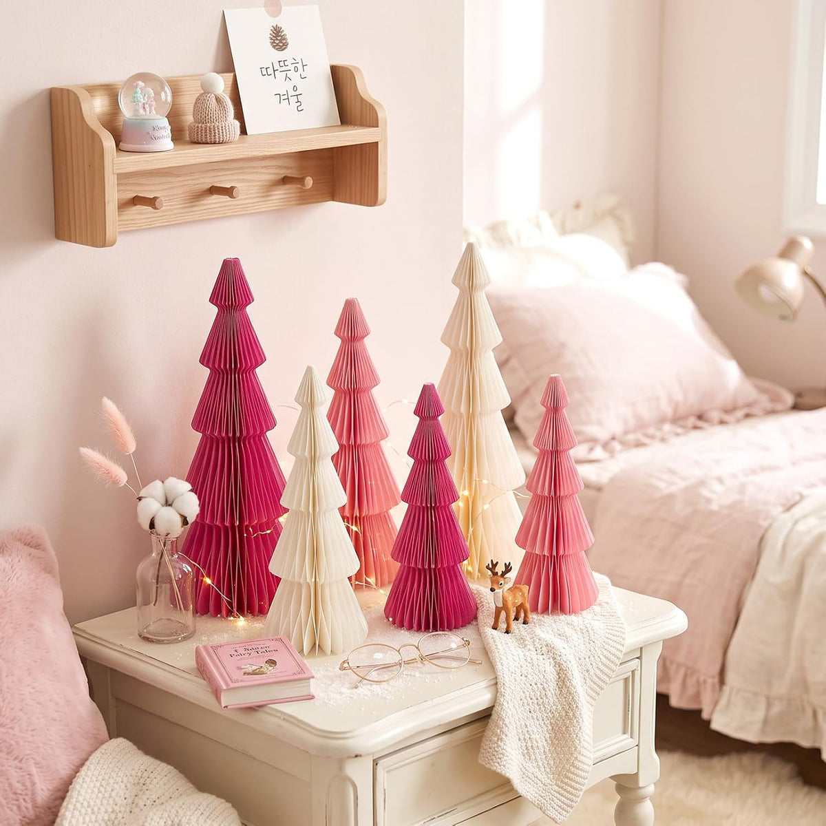 SUNBEAUTY Pink Honeycomb Paper Christmas Trees, 6pcs Foldable Honeycomb Trees, Christmas 3D Paper Tree Table Centerpieces for Home Indoor Modern Xmas Tabletop Holiday Decor