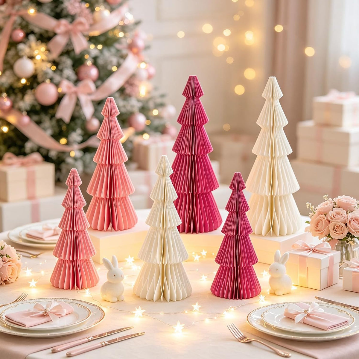 SUNBEAUTY Pink Honeycomb Paper Christmas Trees, 6pcs Foldable Honeycomb Trees, Christmas 3D Paper Tree Table Centerpieces for Home Indoor Modern Xmas Tabletop Holiday Decor