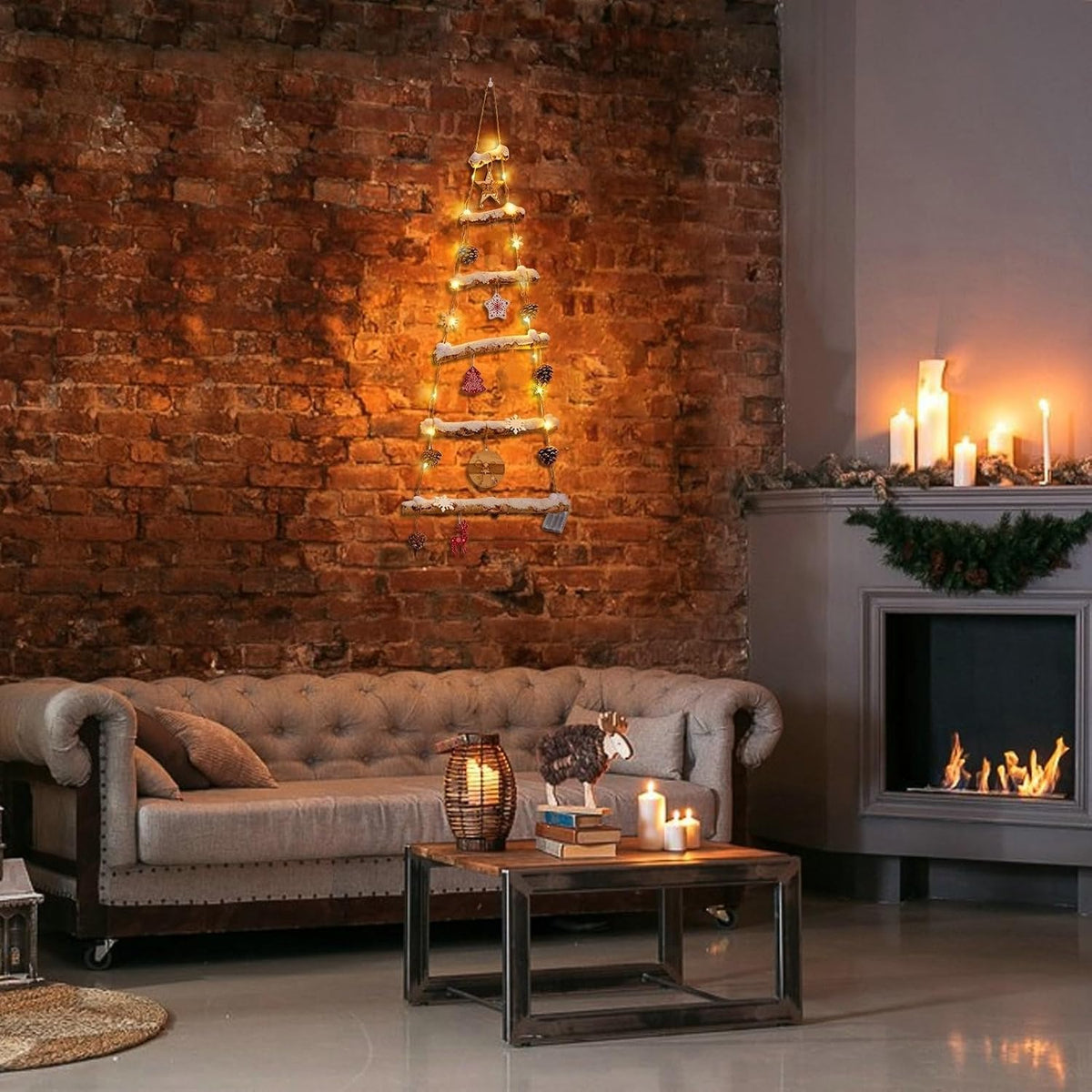 naturevibe Snowy Birch Logs Wall Christmas Tree with Lights and Accessories