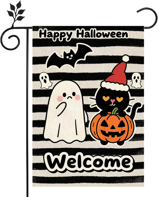 12×18 in Happy Halloween Burlap Garden Flag Double-Sided Ghost, Cat & Pumpkin Design | USA Decoration®