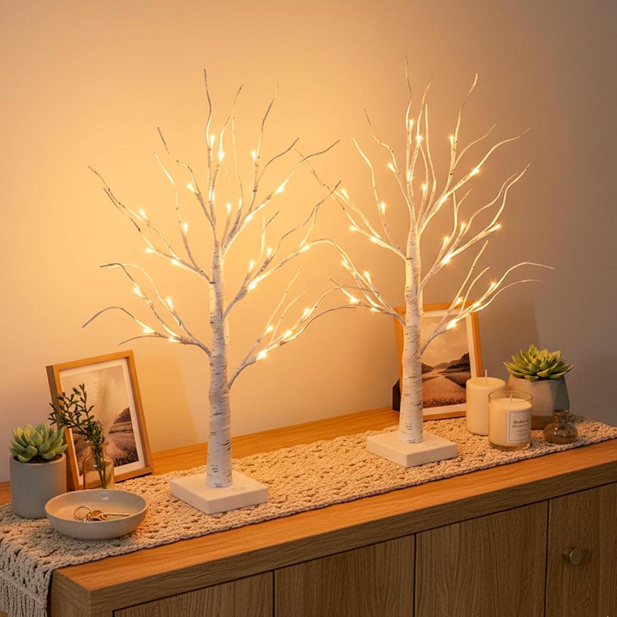 EAMBRITE Christmas Decorations Indoor Lighted Birch Tree Home Decor, 2Pack 24 LED Light Up Tabletop Mini Small Artificial White Trees Lamp with Lights Battery Operated/USB for Table Mantel (2FT)