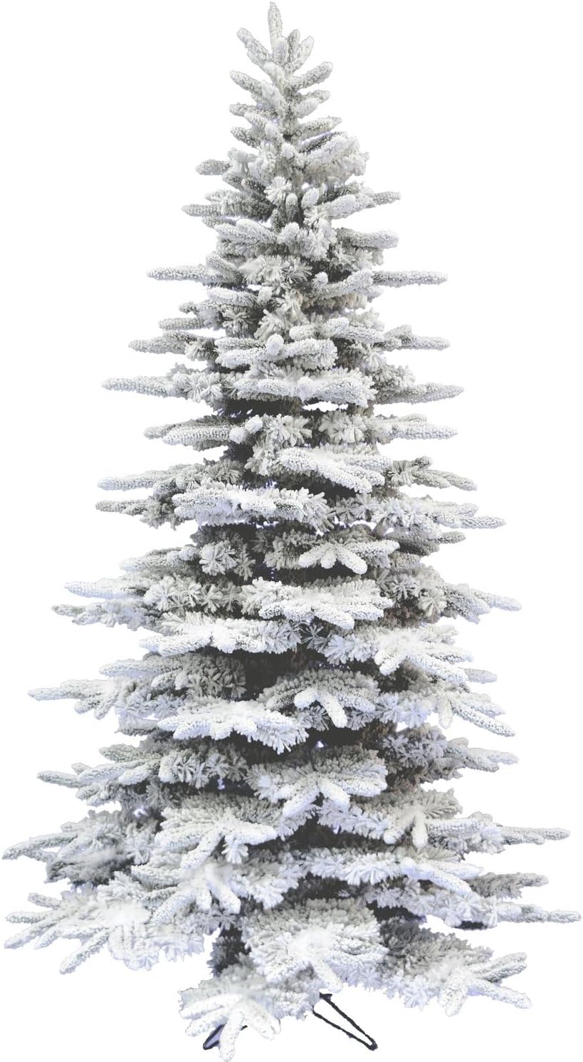 Fraser Hill Farm 9-Ft. Pine Valley Flocked Christmas Tree, Snowy Xmas Tree with DIY Potential with No Attached Lights, Artificial Christmas Tree with Metal Base, Easy to Set up