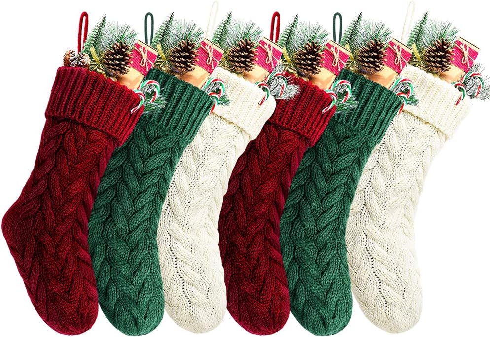 18 Inches Burgundy, Ivory, Green Knitted Christmas Stockings,6 Pack