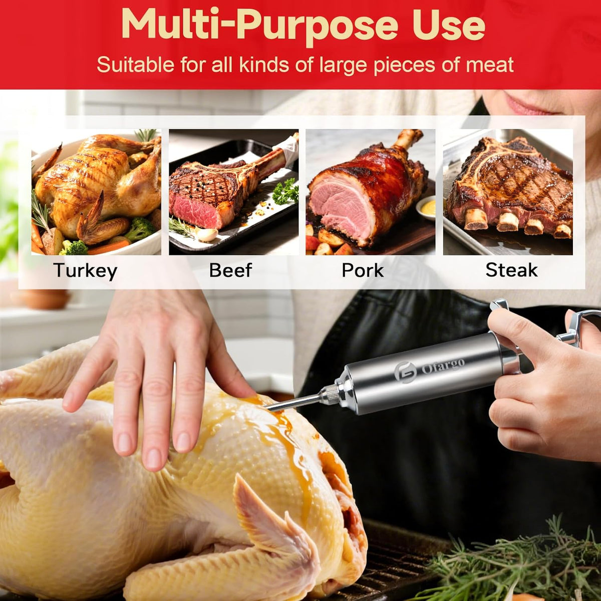 Meat Injector for Turkey, Brisket, Pork Butt, Chickens, Large Cuts of Meat