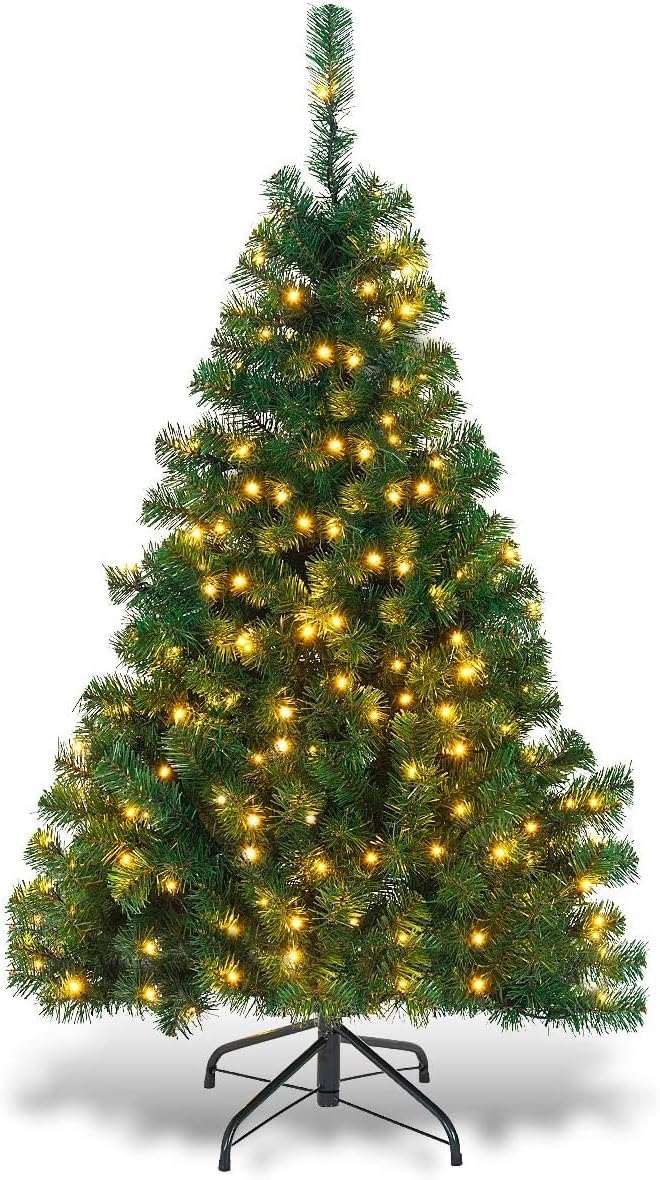 HAPPYGRILL 4.5FT Pre-Lit Artificial Christmas Tree, Auto-Spread Premium Spruce Hinged Tree with 200 LED Lights and Solid Metal Stand, 398 Branch Tips UL-Certified
