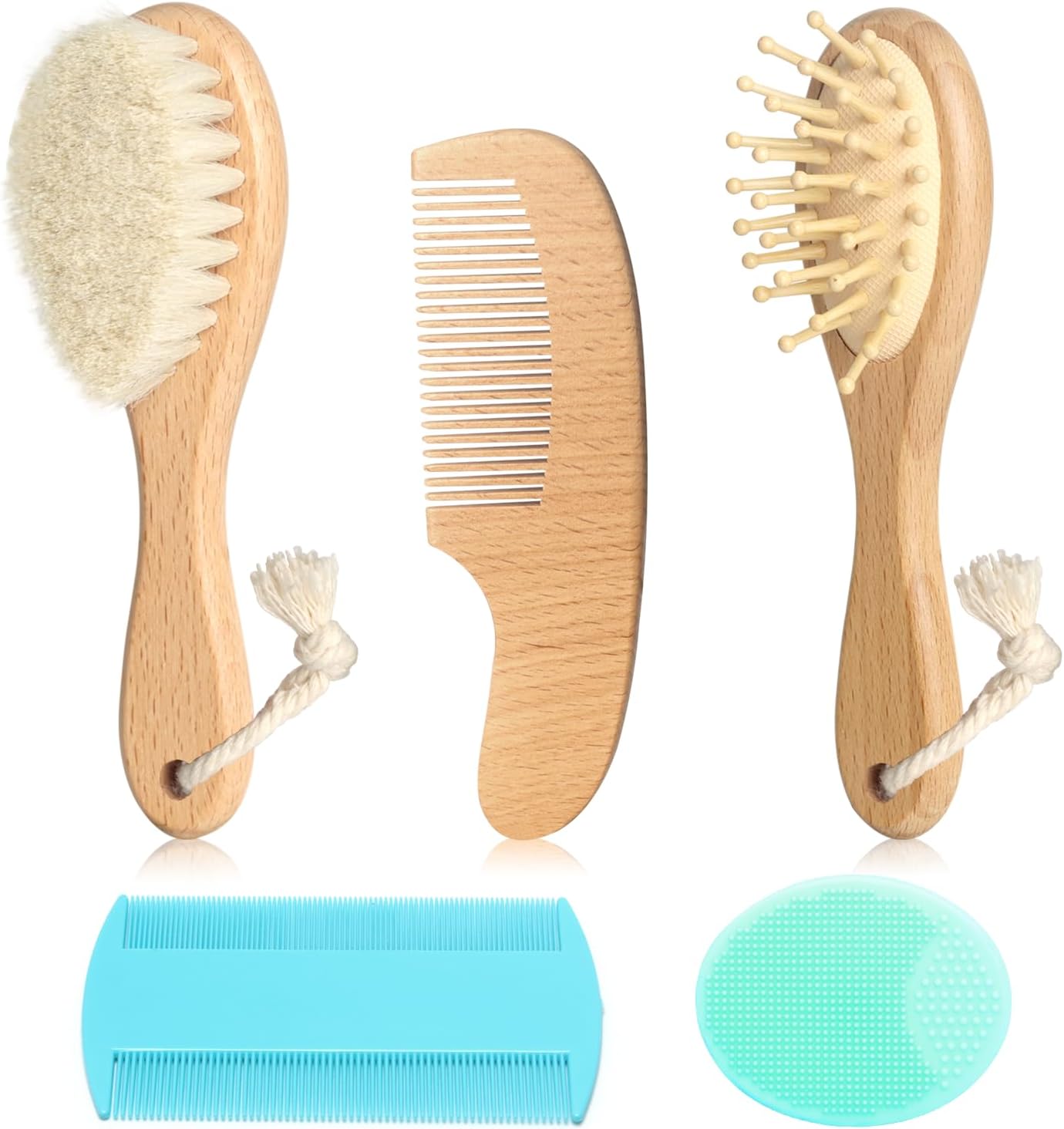 Goat Bristle Baby Hair Brush Set Wooden Comb & Silicone Bath Brush for Newborns and Toddlers, Gentle Natural Hair Care Kit (Brush Set + Green Massager)