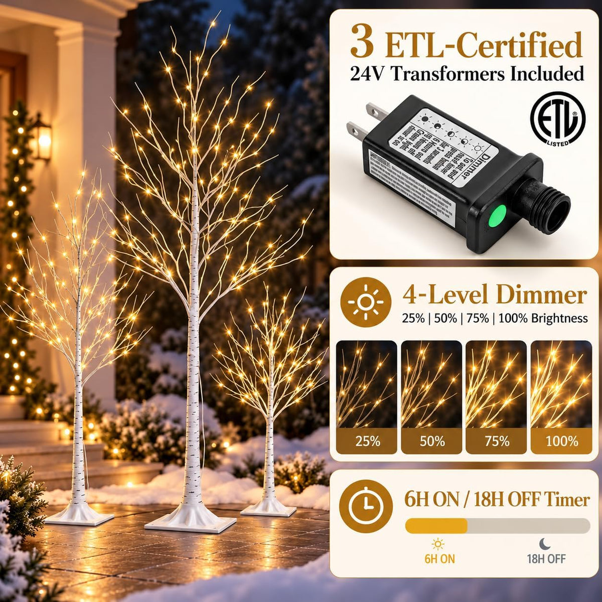 Lighted Birch Trees Set of 3, 8FT 6FT 4FT, 252 LEDs, Timer, Dimmable