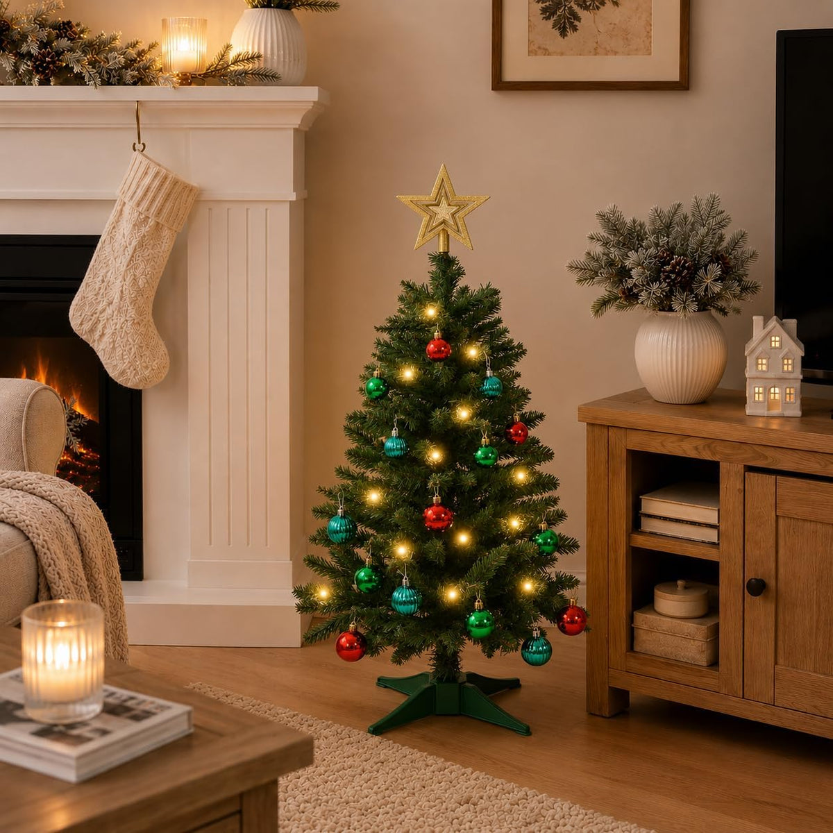 Green Christmas Tree with 9 Modes Multi-Color Lights, 3ft Small Christmas Tree Artificial Mini Xmas Tree for Tabletop, Home,Office,Holiday Party Decoration