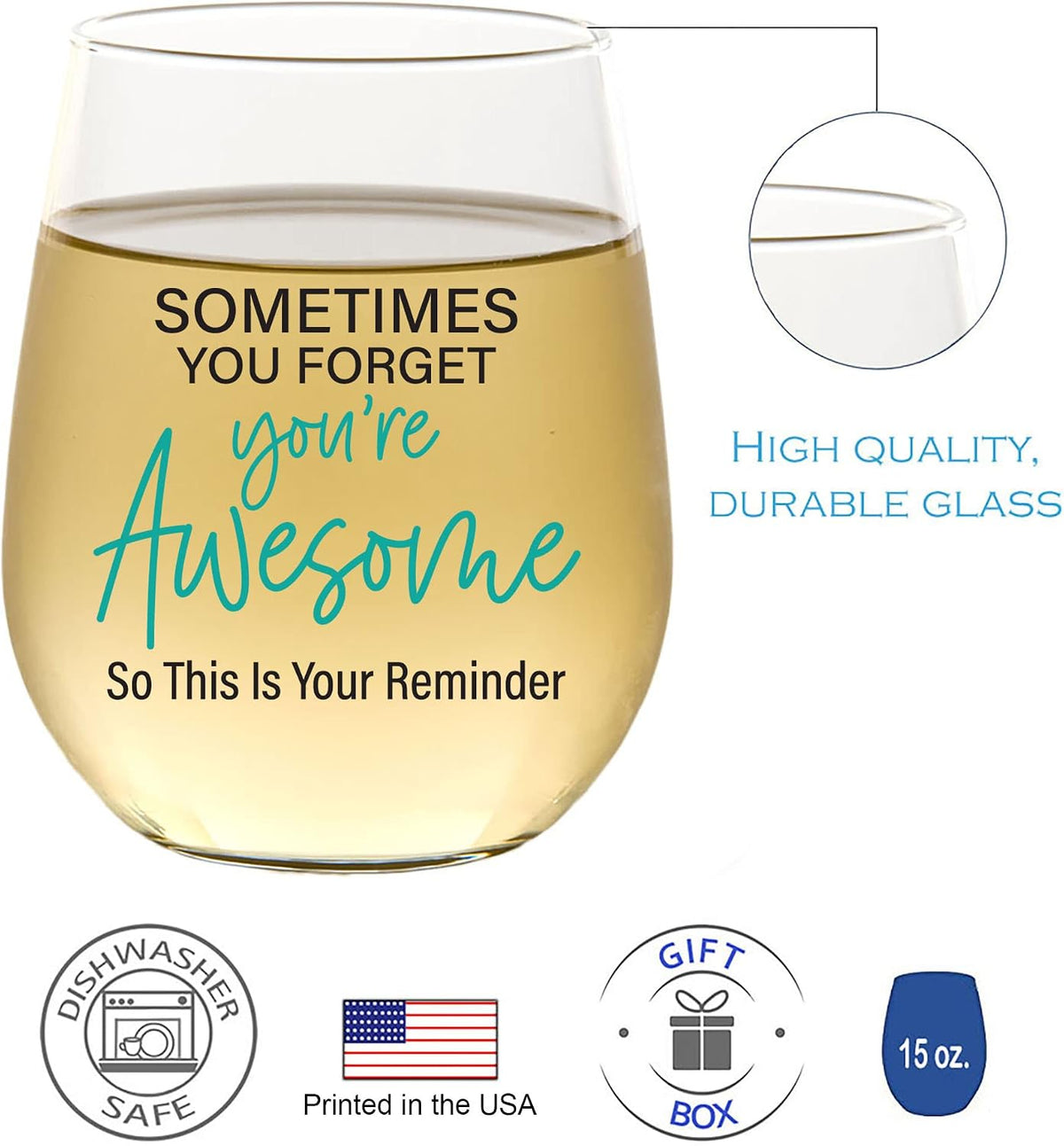Funny Wine Glass for Women, Men, Girlfriend, Sister, BFF, Mom, Coworker | Funny Christmas Birthday Drinking Cup for Best Friend, Friendship Presents | You're Awesome | 15 oz Stemless Wine Glass