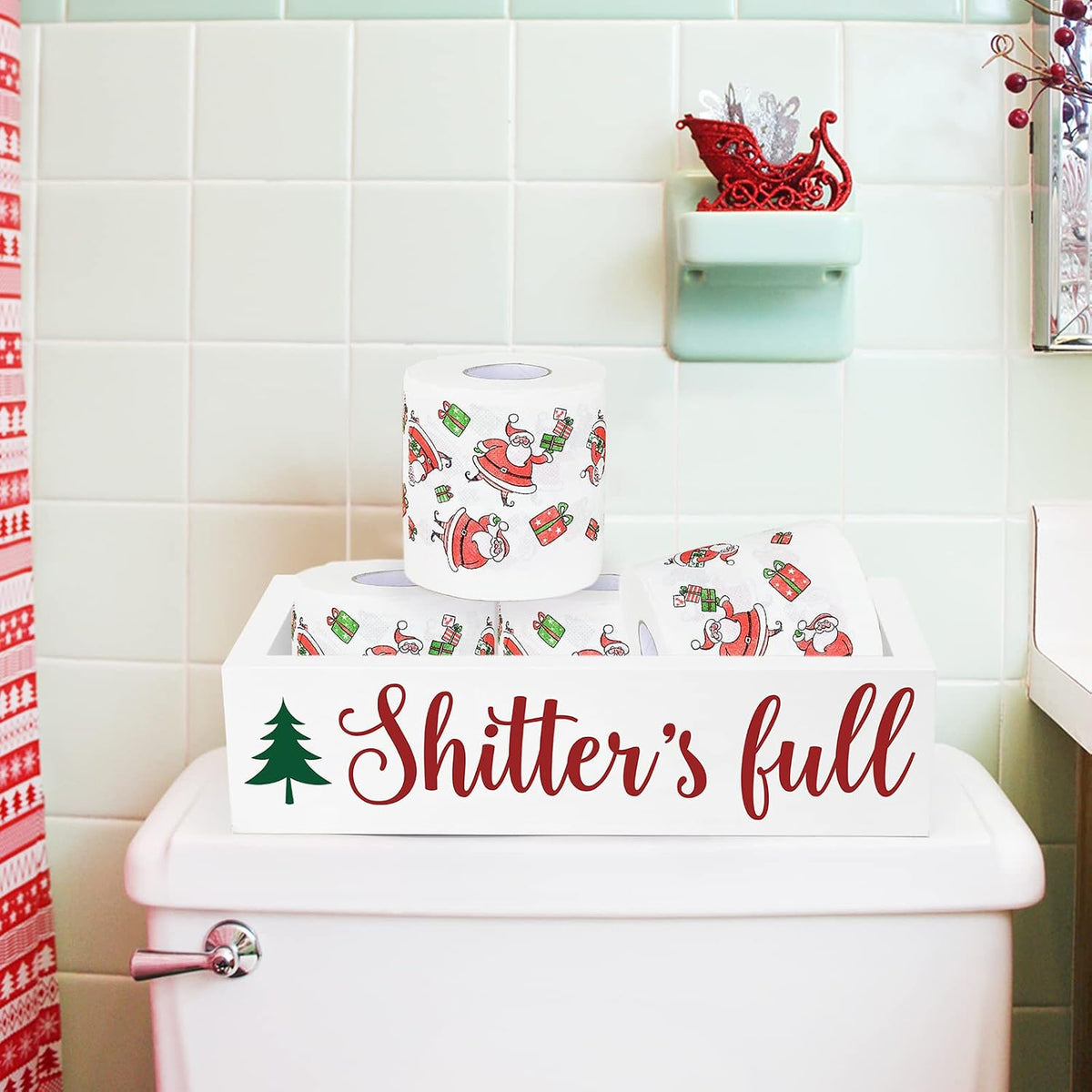Xylolfsty Christmas Bathroom Wooden Storage Box Funny Holiday Toilet Paper Holder with Xmas Tree Camping Farmhouse Tank Basket Decor Winter Guest Bathroom Xmas Clark Gift Ideas-White