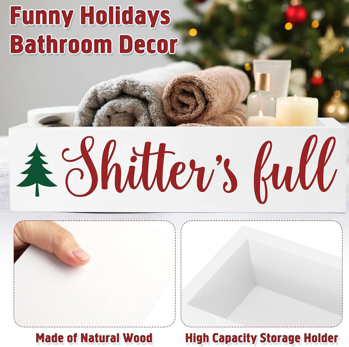 Xylolfsty Christmas Bathroom Wooden Storage Box Funny Holiday Toilet Paper Holder with Xmas Tree Camping Farmhouse Tank Basket Decor Winter Guest Bathroom Xmas Clark Gift Ideas-White