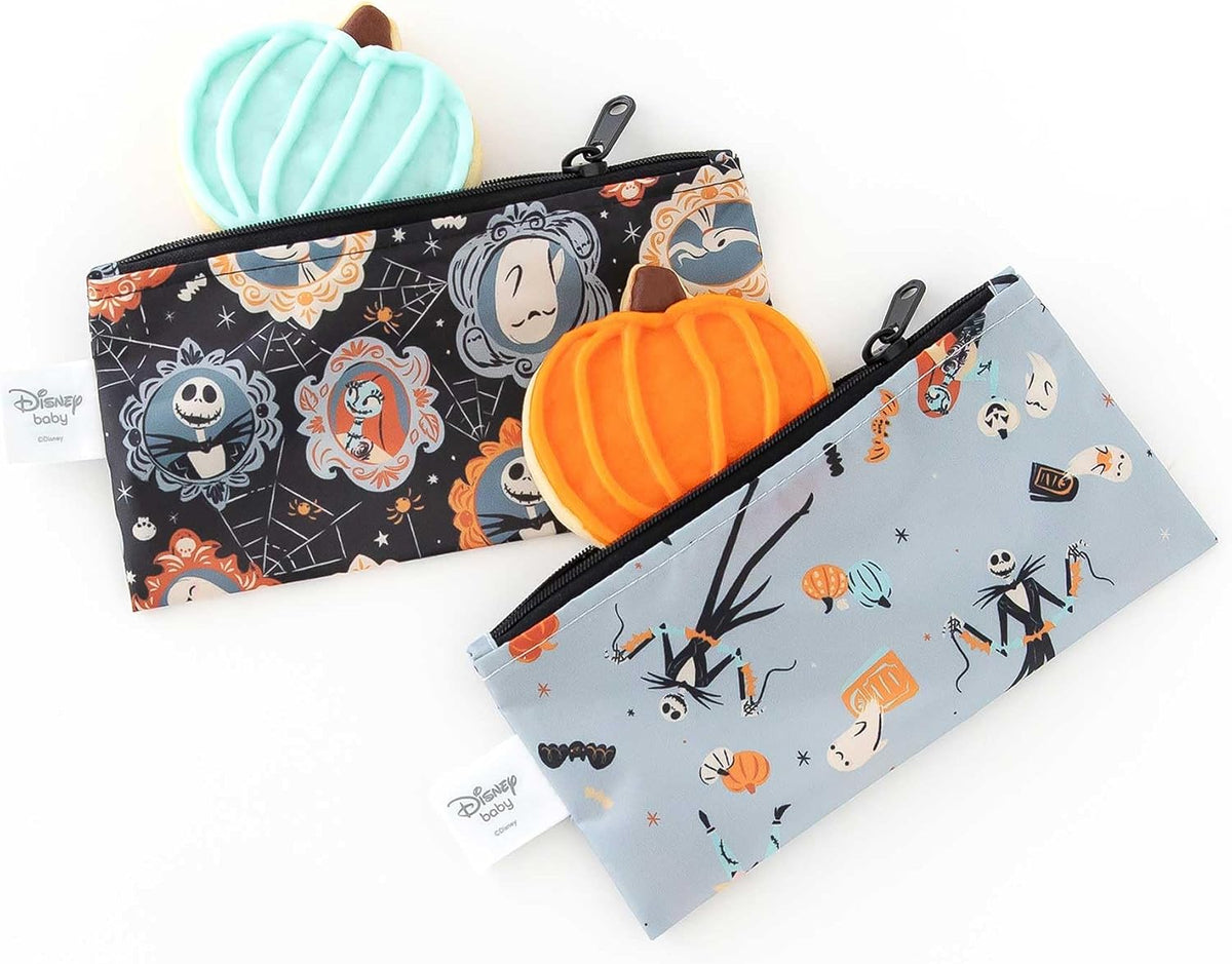 Bumkins Disney Reusable Snack Bags, for Kids School Lunch and for Adults Portion, Washable Fabric, Waterproof Cloth Zip Bag, Supplies Travel Pouch, Food-Safe Storage, 2-pk Nightmare Before Christmas