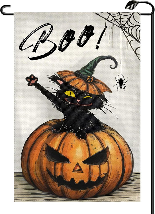 12×18 in Double-Sided Boo Pumpkin & Black Cat Garden Flag Spider & Witch Yard Décor | USA Decoration®