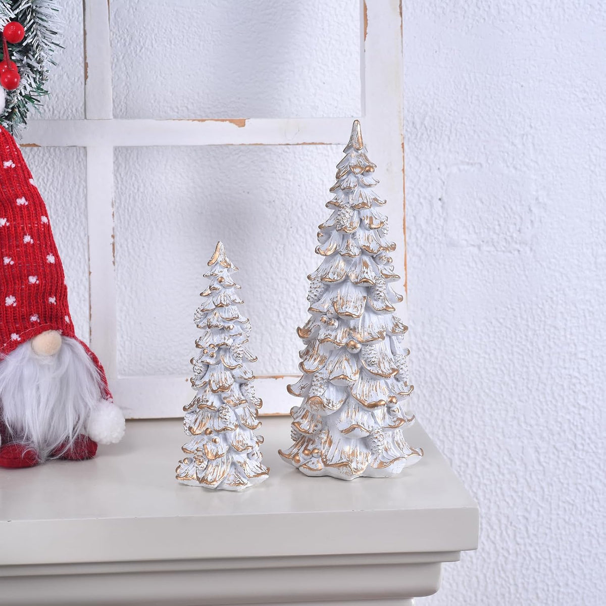 Resin Christmas Tree Figurines, 2pcs White & Gold Tabletop Christmas Trees with Pine Cones & Ornaments, Rustic Xmas Decorations for Home, Table Centerpieces, Mantel Shelf Display (white-gold)