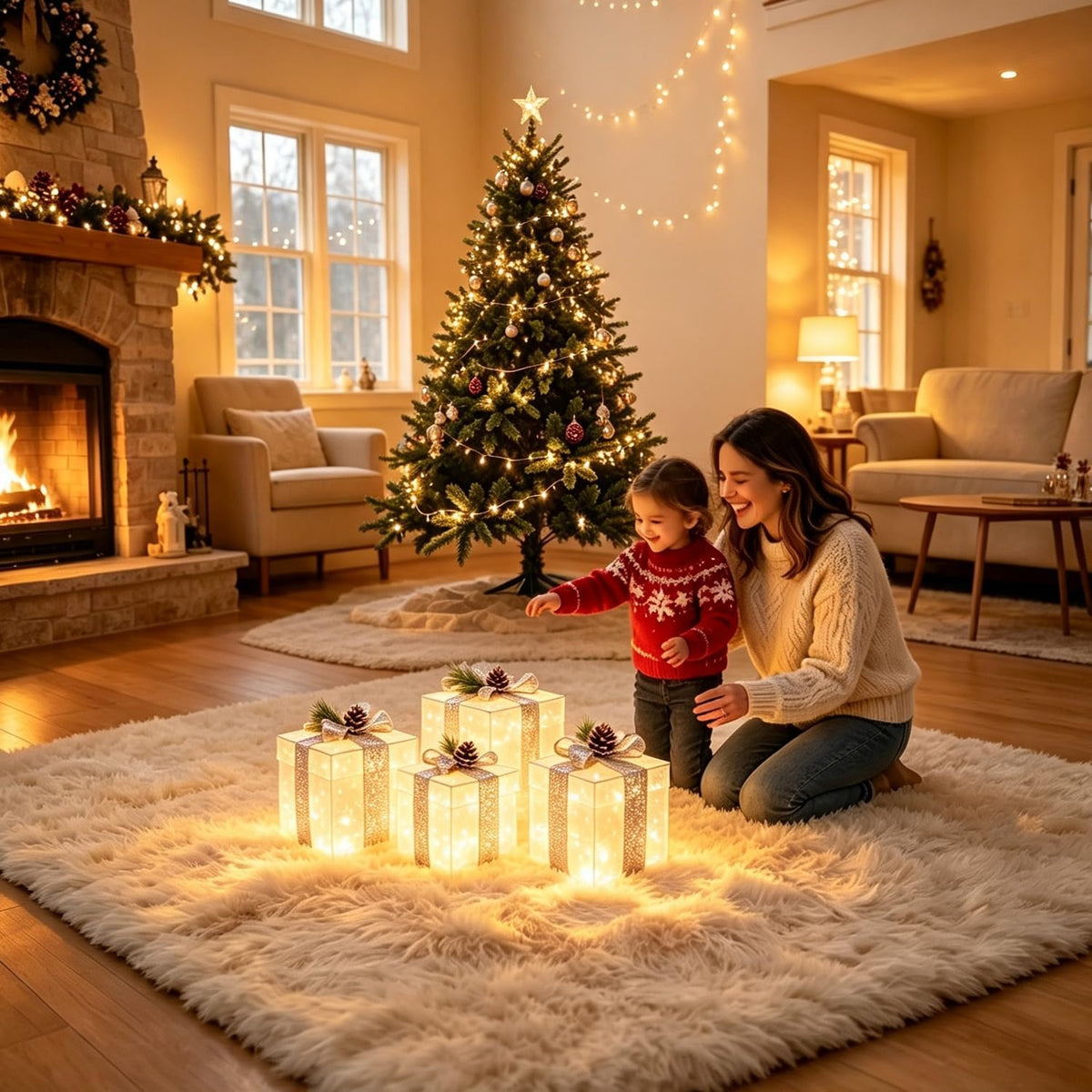 Hourleey Set of 4 Christmas Lighted Gift Boxes Warm White 70 LED Pre-lit