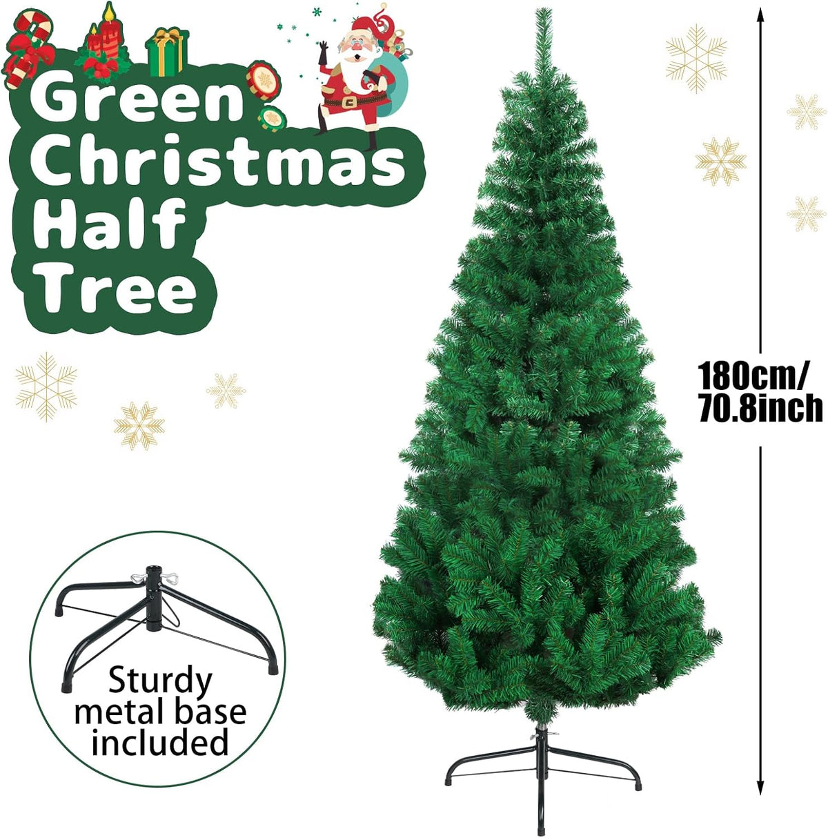 CCINEE 6ft Pine Artificial Christmas Green Half Tree Easy-Assembly with Solid Metal Stand for Wall Xmas Themed Party Decoration Indoor Outdoor Living Room Decor