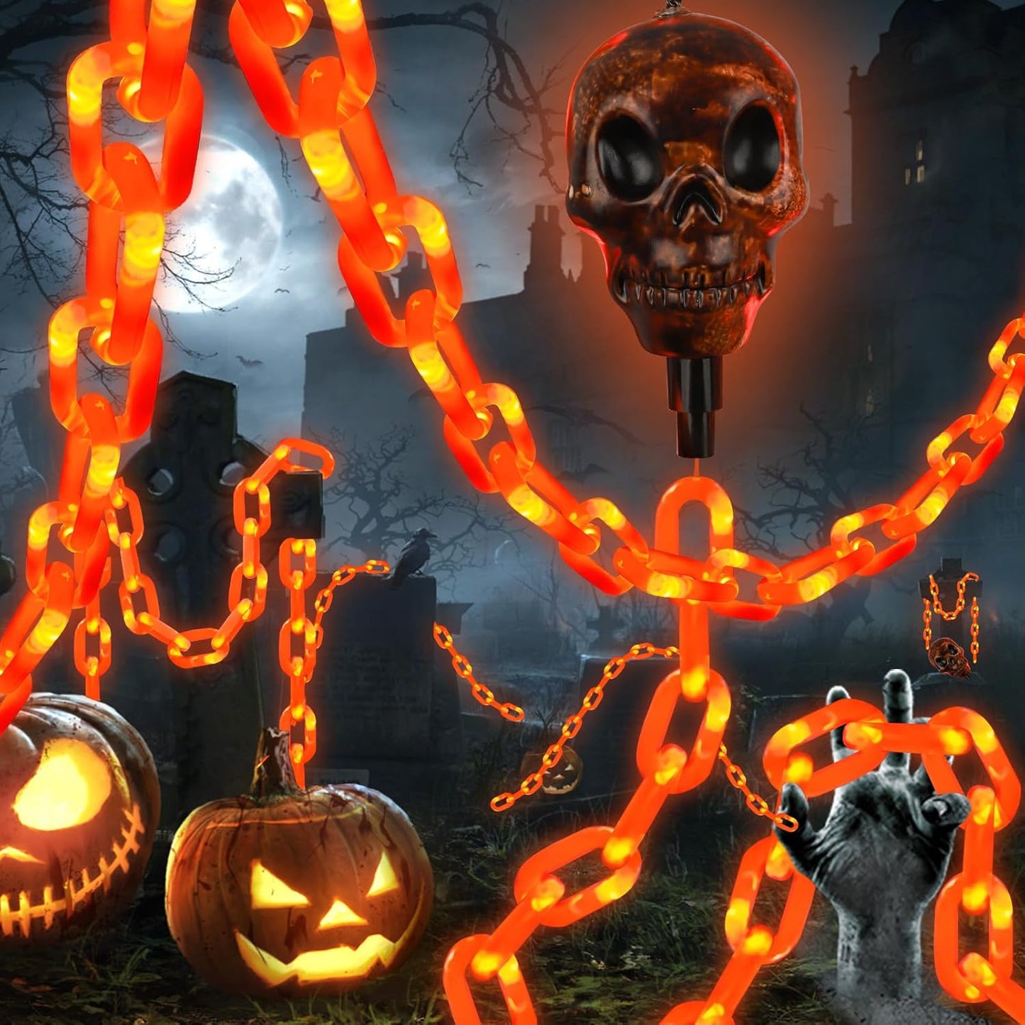 Battery Halloween Chain Lights 5FT Orange Skulls | USA Decoration®