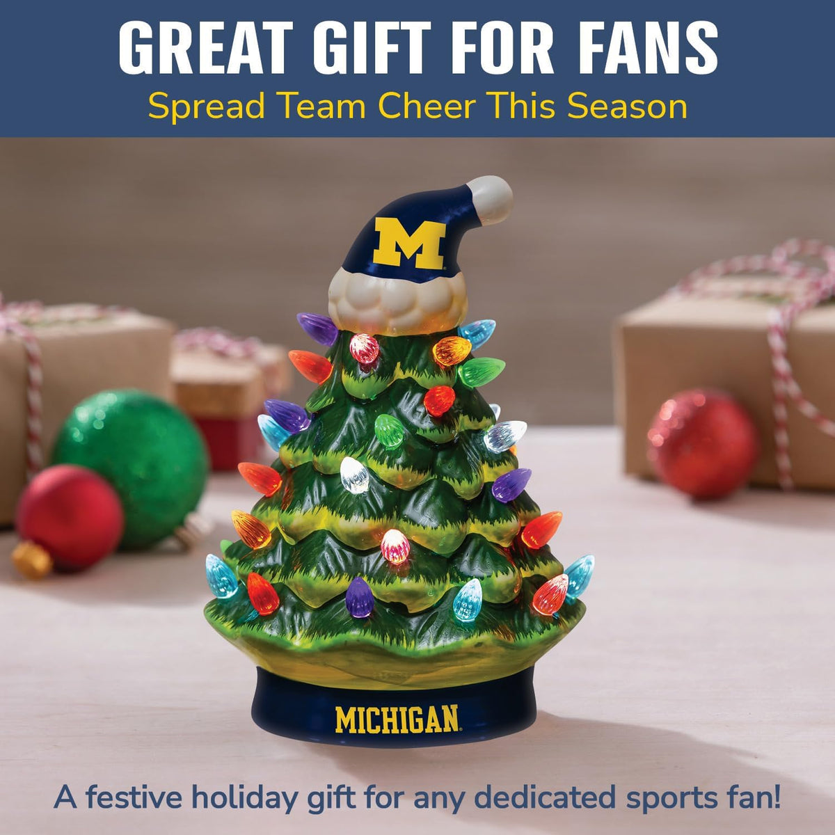 NCAA University of Michigan Ceramic Christmas Trees That Light Up | 8" LED Vintage Christmas Tree | Officially Licensed Team Logo | Christmas Tabletop Decorations for Home