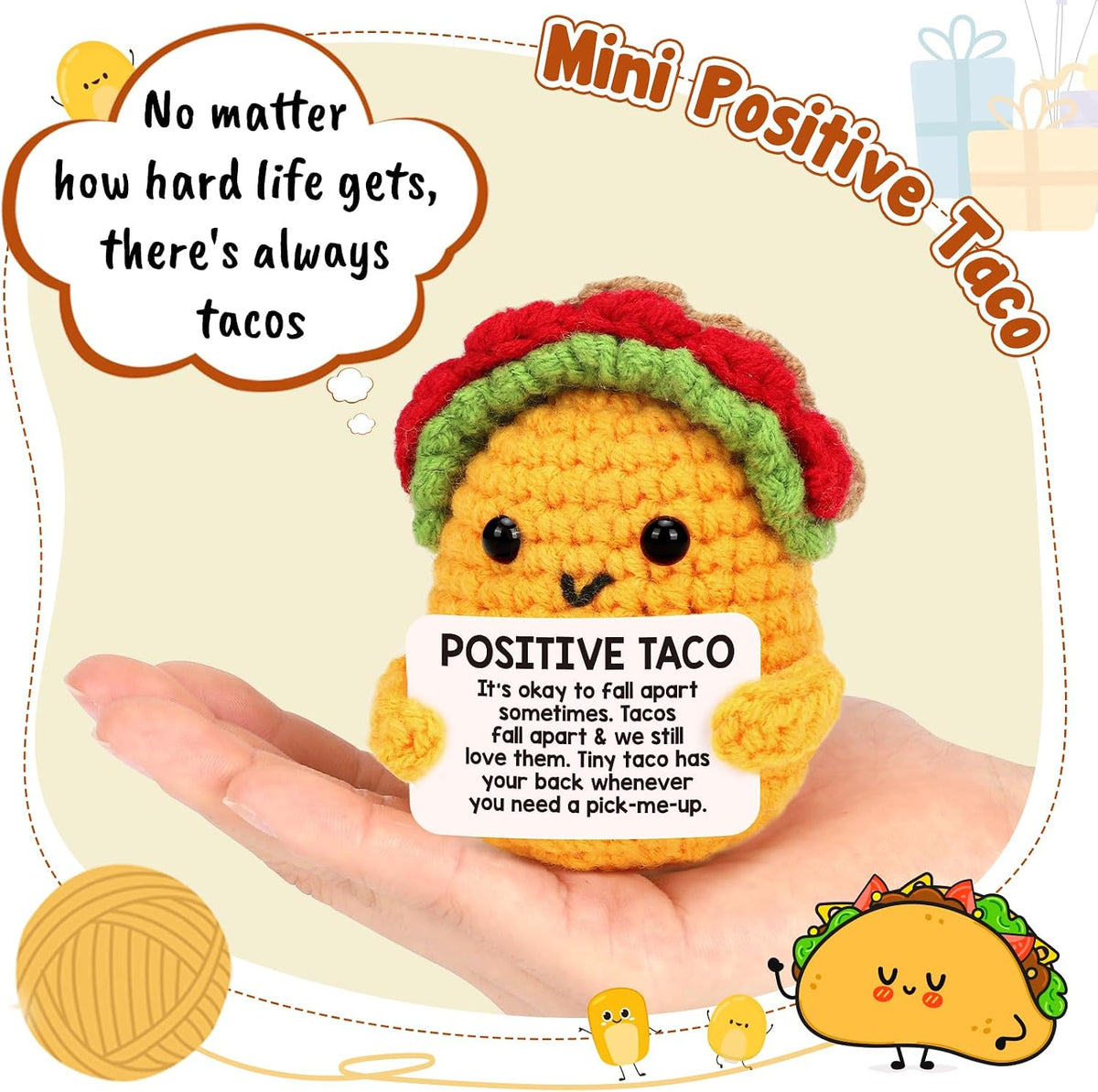 Positive Crochet Taco Christmas Birthday Gifts for Women Men Stocking Stuffers Basket Holiday Decor Self Care Card Teacher Adult Kids Son Mom Dad Daughter Sister Friend Coworkers Inspirational Gift