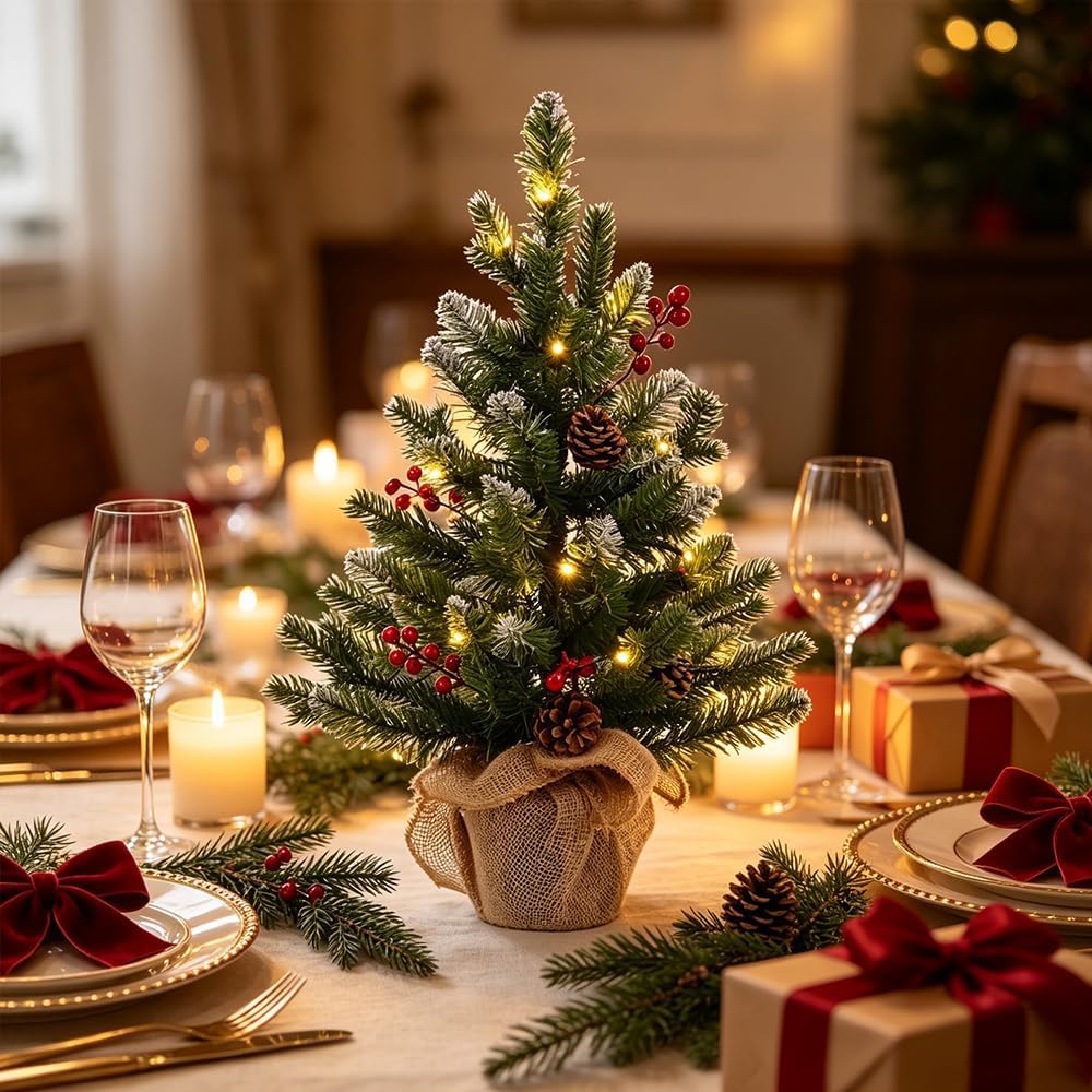 MEETYAMOR 2 FT Mini Christmas Tree, 24" PE Prelit Small Artificial Tabletop Snow Flocked Christmas Trees Decor with 20 Lights Timer, Outdoor Indoor Porch Table Centerpieces Xmas Christmas Decorations