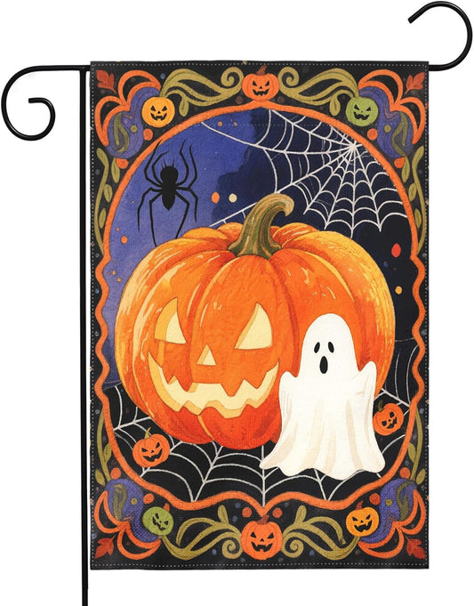 12×18 in Double-Sided Halloween Pumpkin Flag Ghost & Spider Web Yard Décor | USA Decoration®