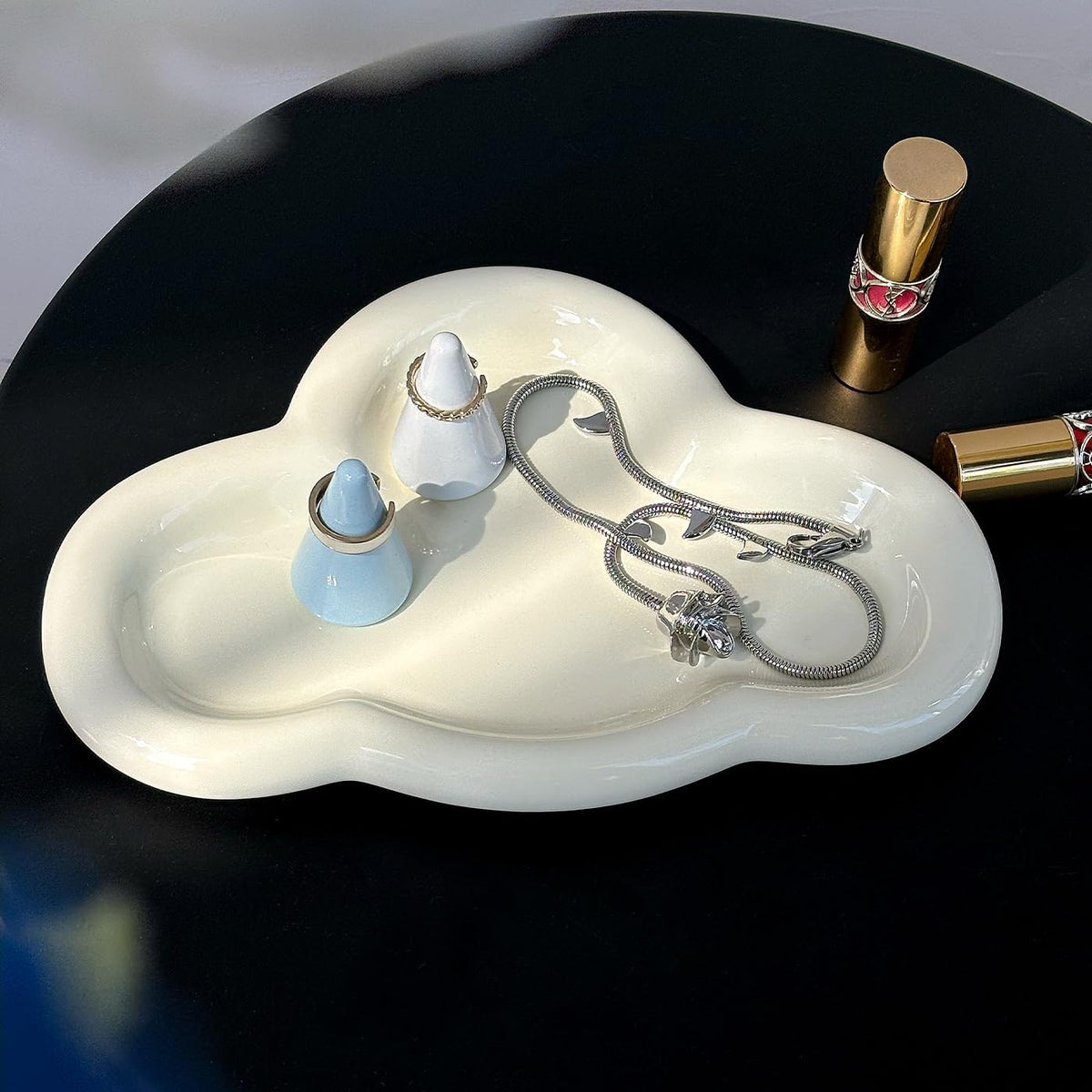 Jewelry Dish Trinket Tray for Women, Ring Holder, Unique Cloud Shape Ceramic Plate Cute Things Vanity Aesthetic Room Decor Mother's Day Birthday Christmas Warm House Gifts (CrÃ¨me) (JT001)