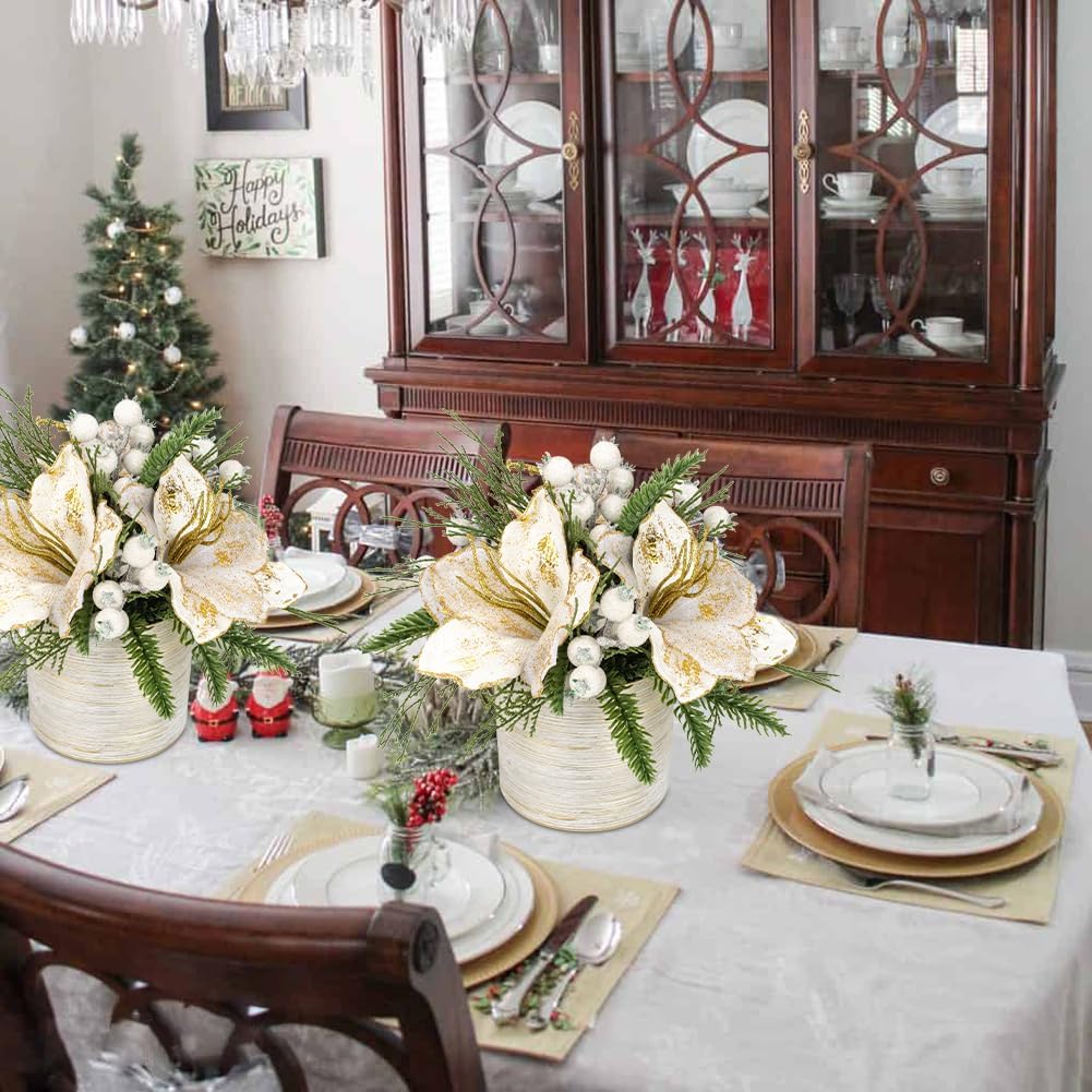 Briful 11.4 Inch Christmas Tree Large Artificial Potted Christmas Arrangment in Pot with White Pine Snowy and Magnolia Xmas Flowers for Centrepieces Table Window Console Countertop DÃ©cor