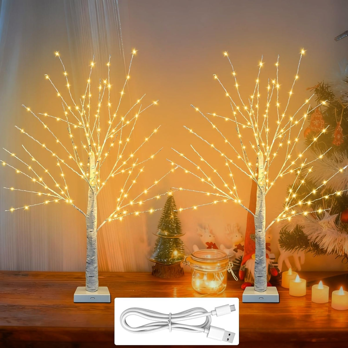 24 Inch Birch Tree with 144 LED Lights for Christmas Decorations Indoor, USB/Battery Powered, Timer, Warm White Twinkling Christmas Trees, Lighted Birch Tree for Tabletop Home Decor (2 Pack)