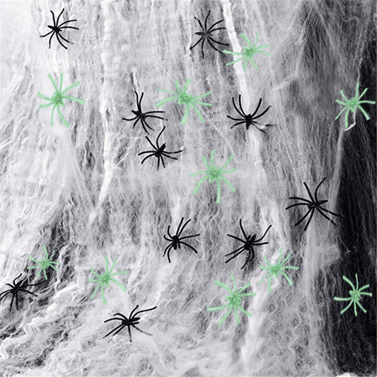 300 sqft Stretch Spider Web Decoration with 20 Spiders Halloween Cobweb Kit | USA Decoration®