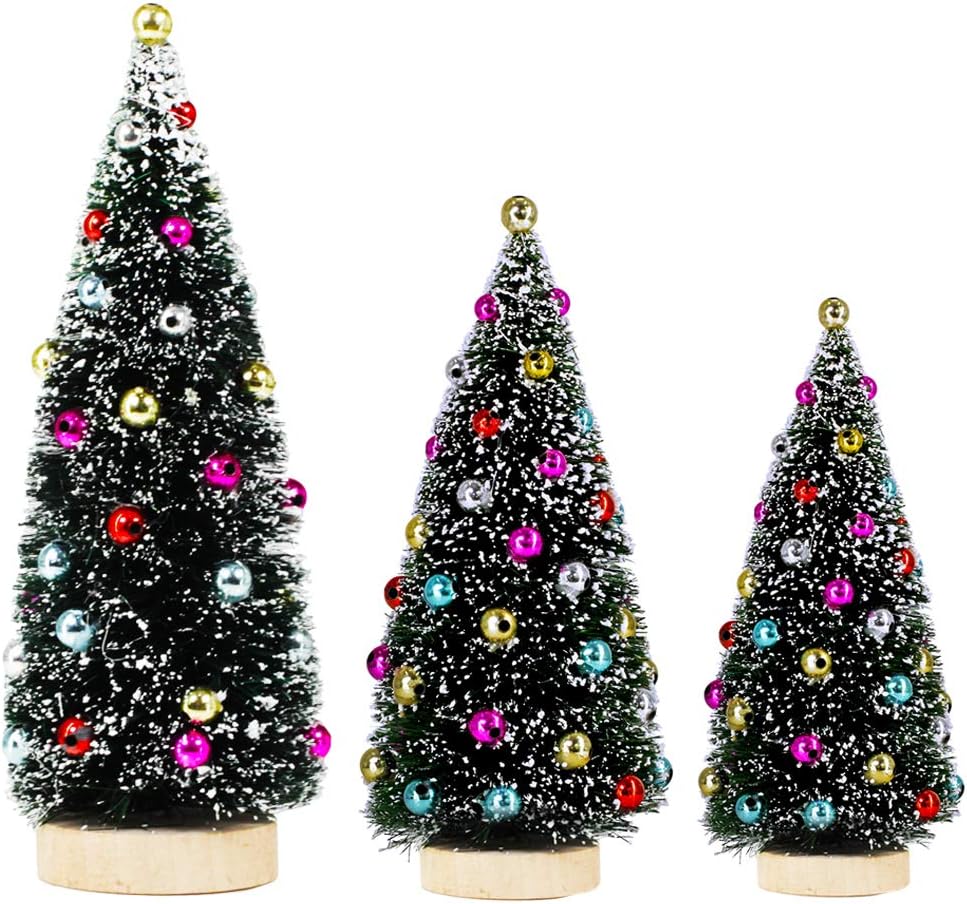 Winlyn 3 Pack Artificial Mini Tabletop Christmas Trees Tiny Frosted Bottle Brush Trees Decorated Small Sisal Trees with White Snow and Colorful Beads Winter Holiday Miniature DÃ©cor Assorted Sizes
