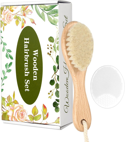 Wooden Goat Bristle + Silicone Cradle Cap Brush Kit Soft Baby Scalp Scrubber & Hair Brush (White)