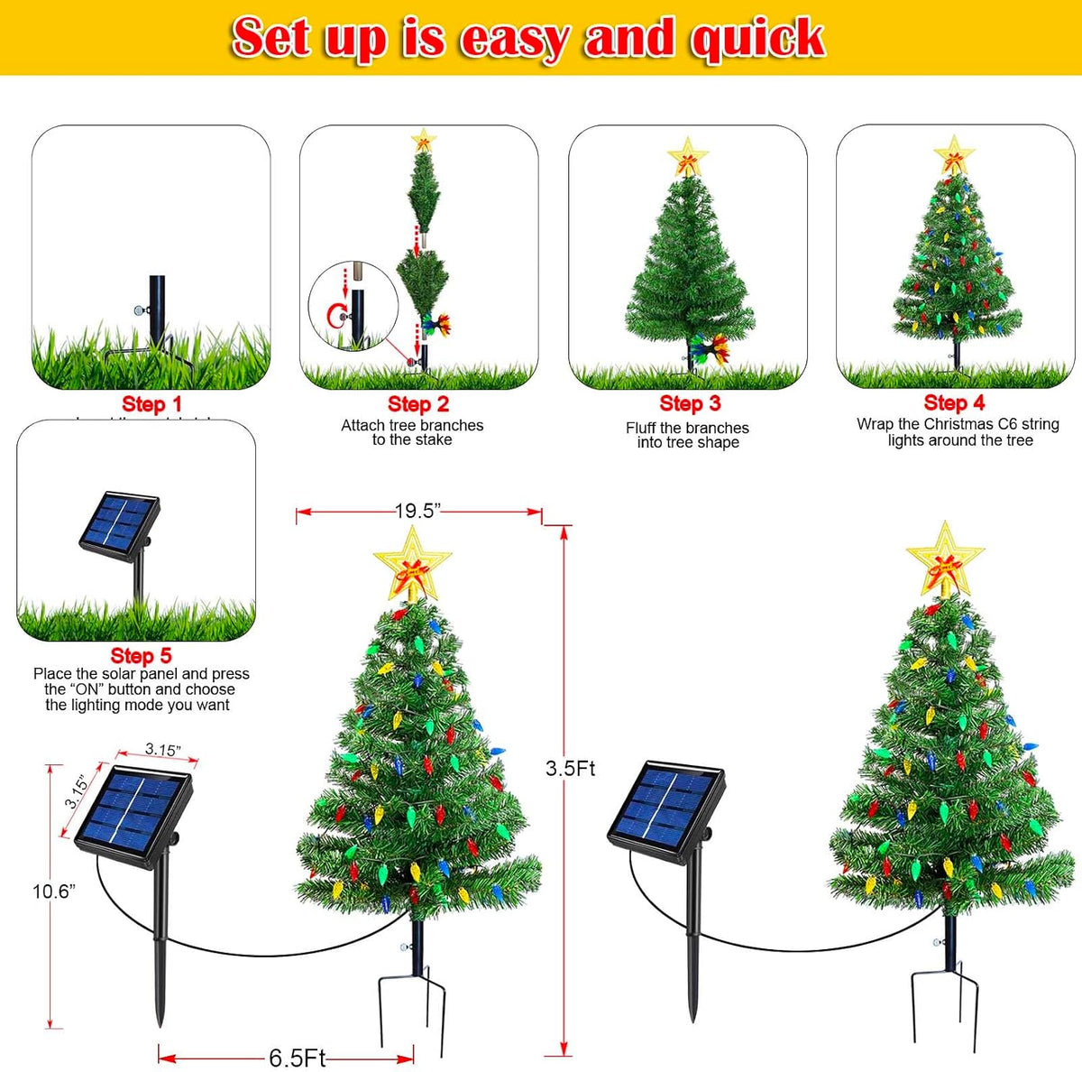 Upgraded Set of 2 Solar Christmas Tree, Outdoor Christmas Decorations,Prelit Xmas Tree w/ 100 LED Multi-color C6 String Lights for Outsdie Holiday Display Yard Front Porch Pathway Grave Cemetery Decor