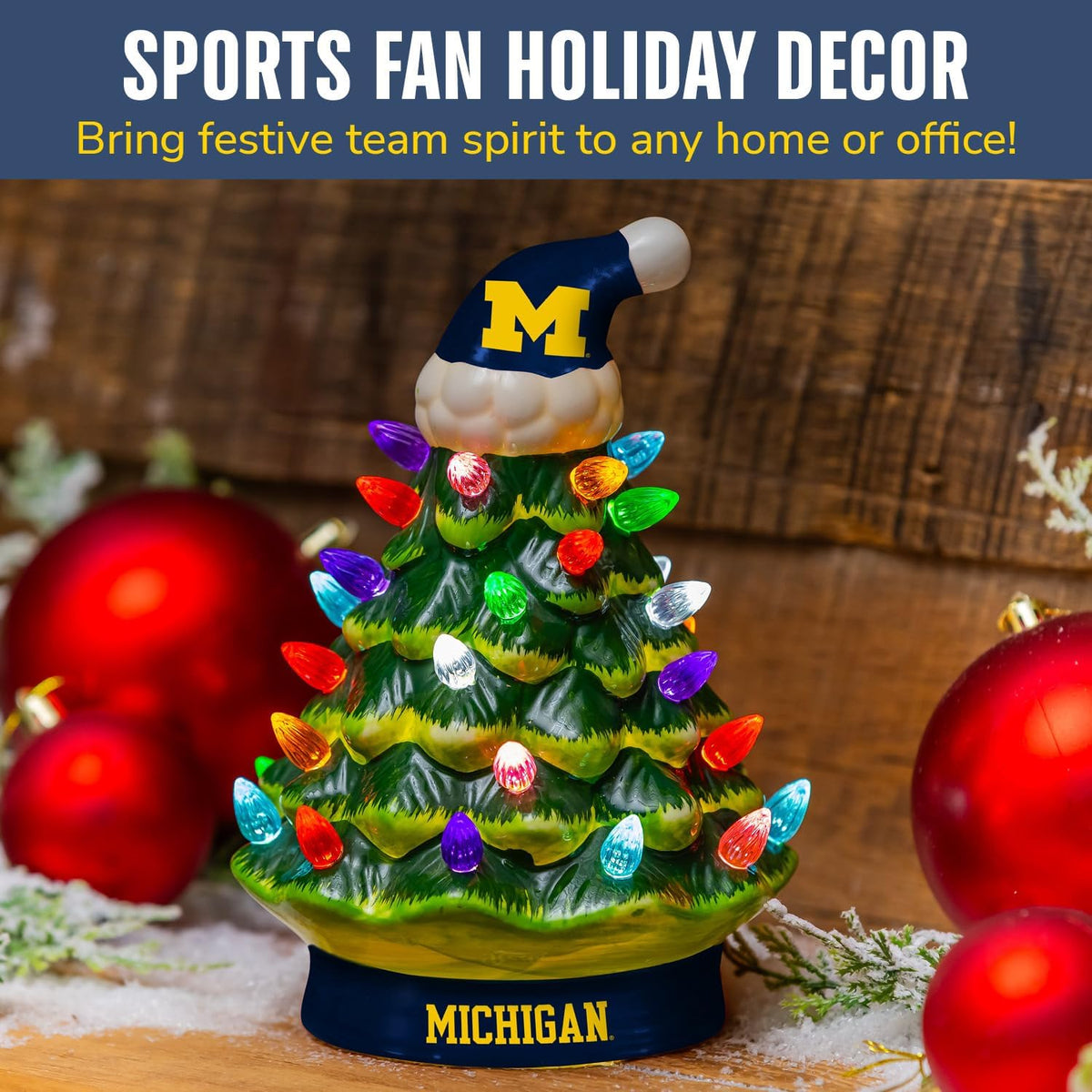 NCAA University of Michigan Ceramic Christmas Trees That Light Up | 8" LED Vintage Christmas Tree | Officially Licensed Team Logo | Christmas Tabletop Decorations for Home