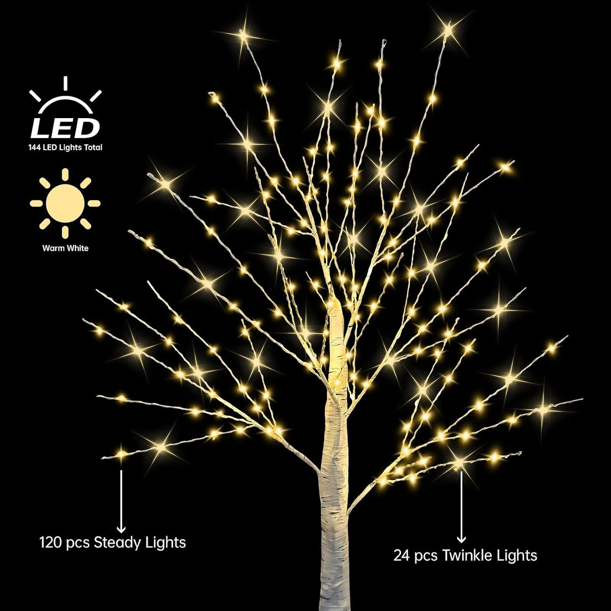 24 Inch Birch Tree with 144 LED Lights for Christmas Decorations Indoor, USB/Battery Powered, Timer, Warm White Twinkling Christmas Trees, Lighted Birch Tree for Tabletop Home Decor (2 Pack)