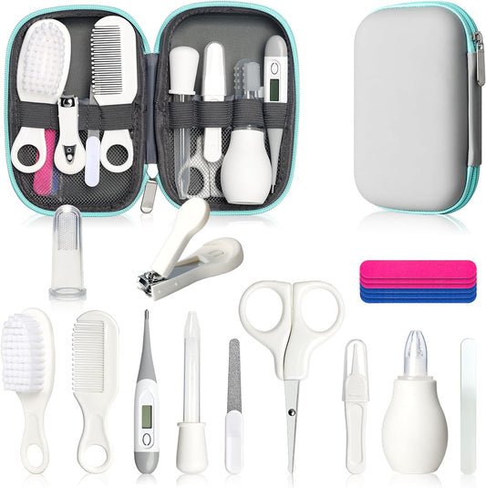 Baby Healthcare & Grooming Kit 18-in-1 Newborn Safety Care Set with Electric Nail Trimmer, Hair Brush & Thermometer (Grey White)