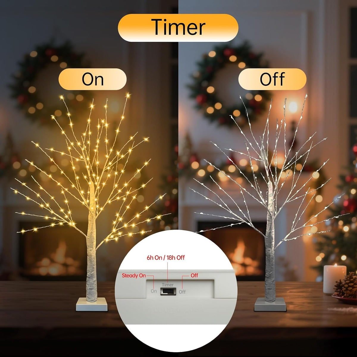 24 Inch Birch Tree with 144 LED Lights for Christmas Decorations Indoor, USB/Battery Powered, Timer, Warm White Twinkling Christmas Trees, Lighted Birch Tree for Tabletop Home Decor (2 Pack)